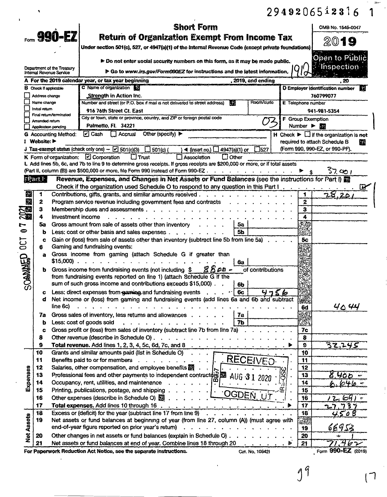 Image of first page of 2019 Form 990EZ for Strength in Action