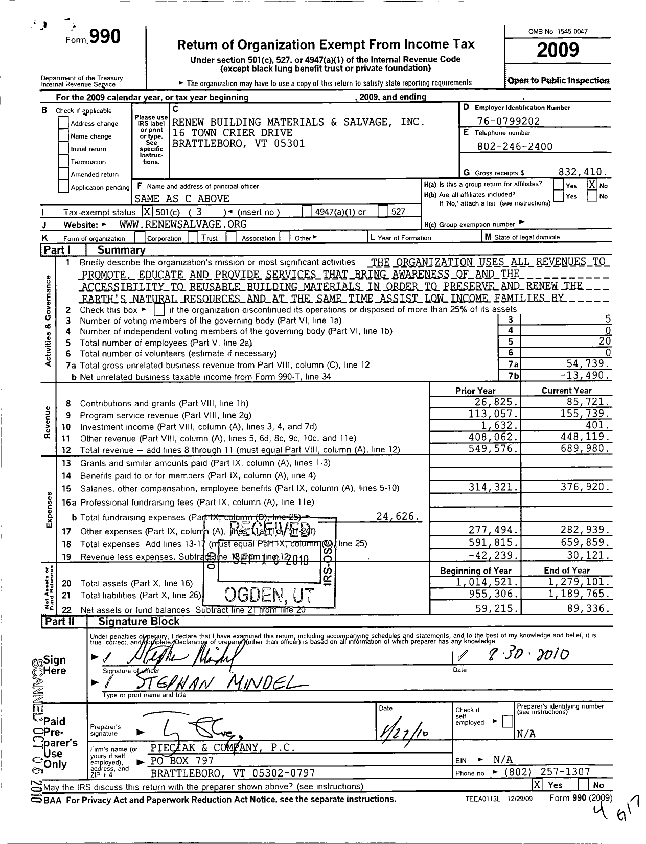 Image of first page of 2009 Form 990 for Renew Building Materials and Salvage