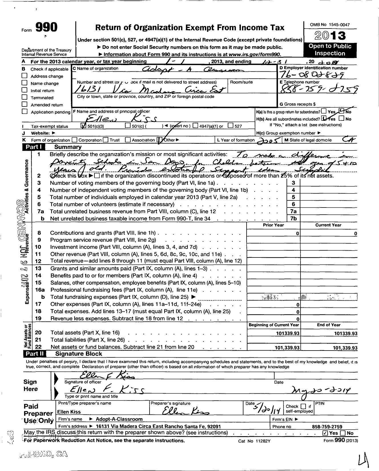 Image of first page of 2013 Form 990 for Adopt A Classroom