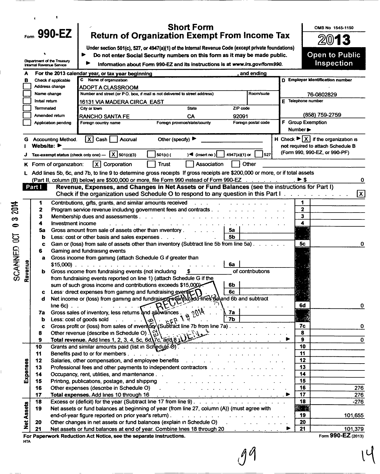 Image of first page of 2013 Form 990EZ for Adopt A Classroom