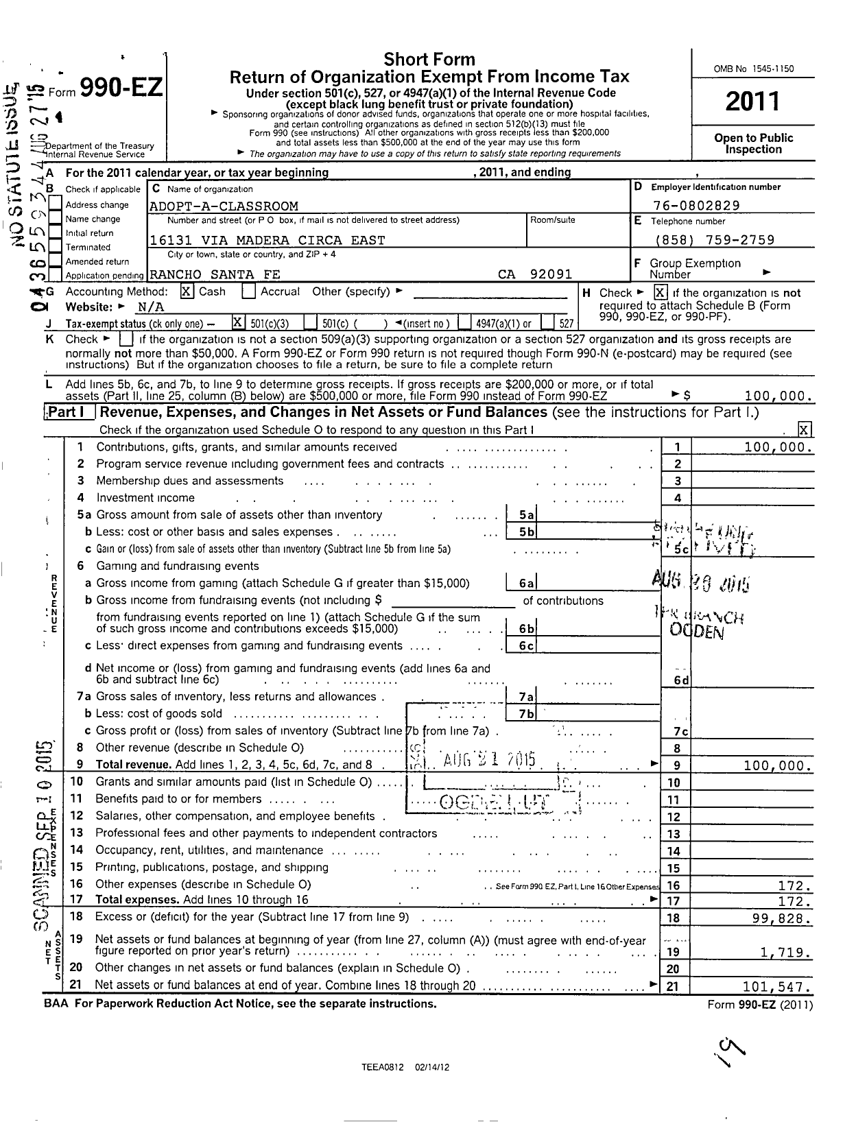 Image of first page of 2011 Form 990EZ for Adopt A Classroom