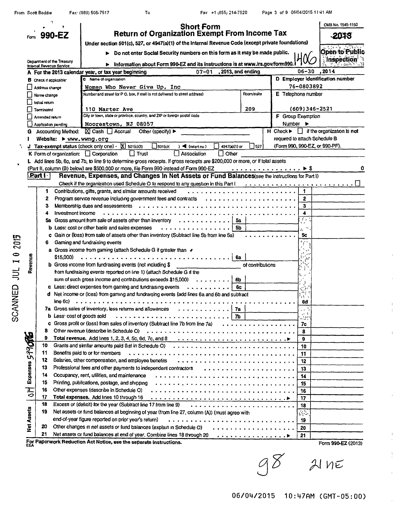 Image of first page of 2013 Form 990EZ for Women Who Never Give Up