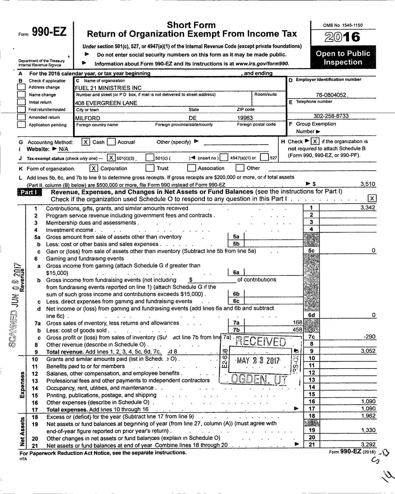 Image of first page of 2016 Form 990EZ for Fuel 21 Ministries