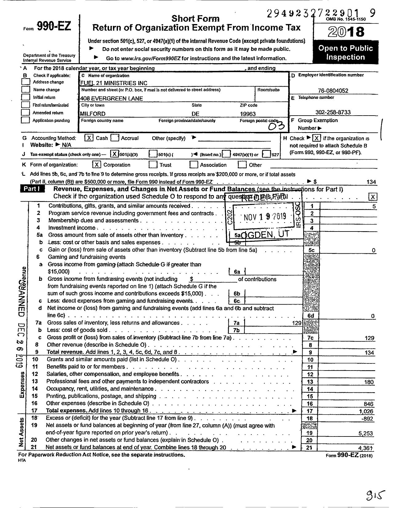 Image of first page of 2018 Form 990EZ for Fuel 21 Ministries