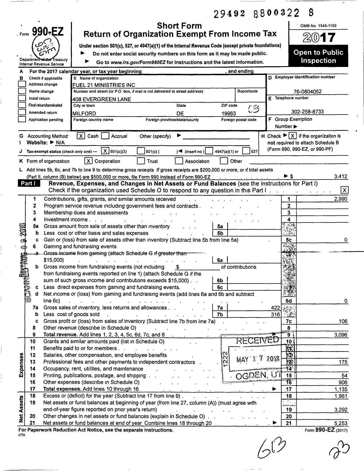 Image of first page of 2017 Form 990EZ for Fuel 21 Ministries