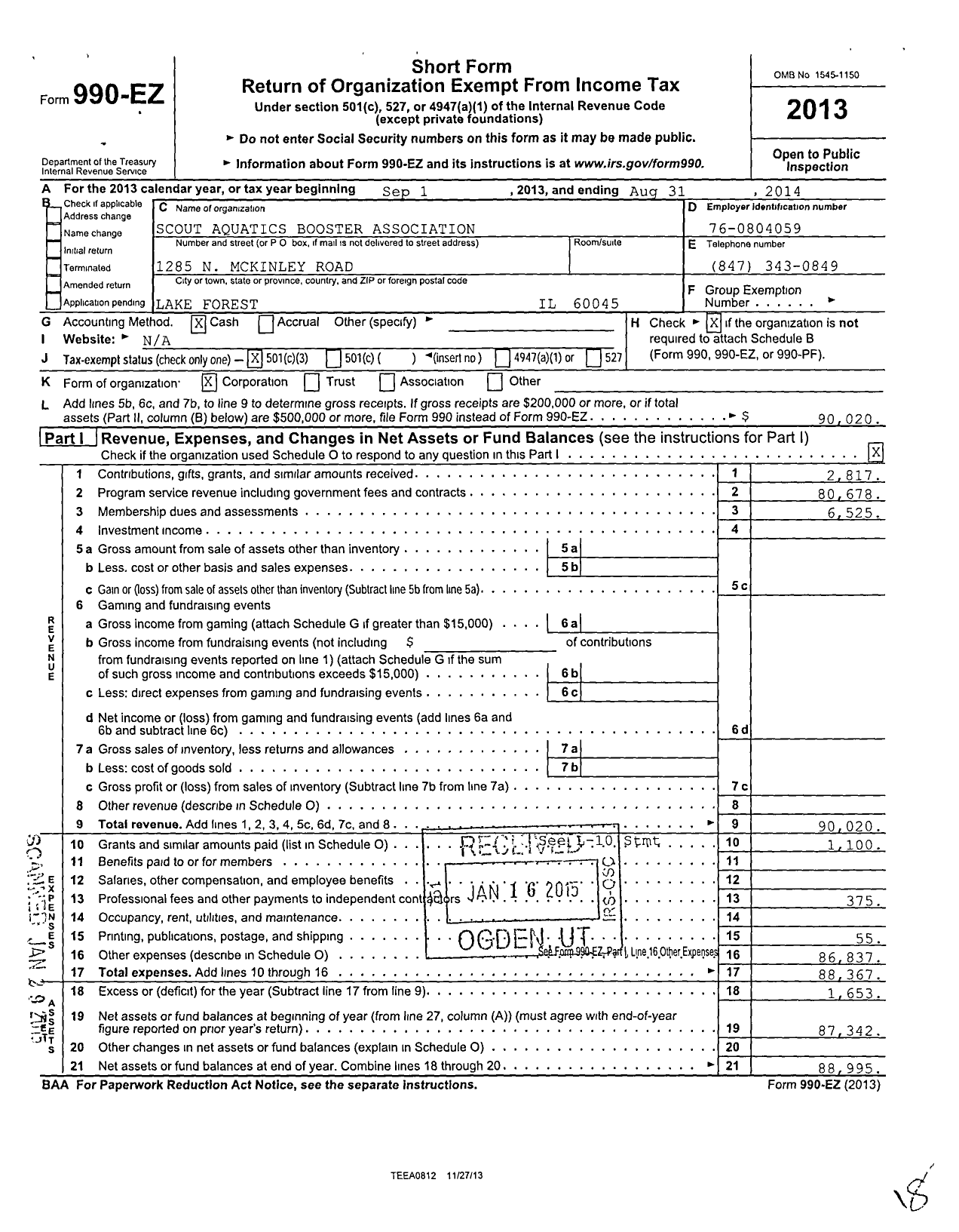 Image of first page of 2013 Form 990EZ for Scout Aquatics Booster Association