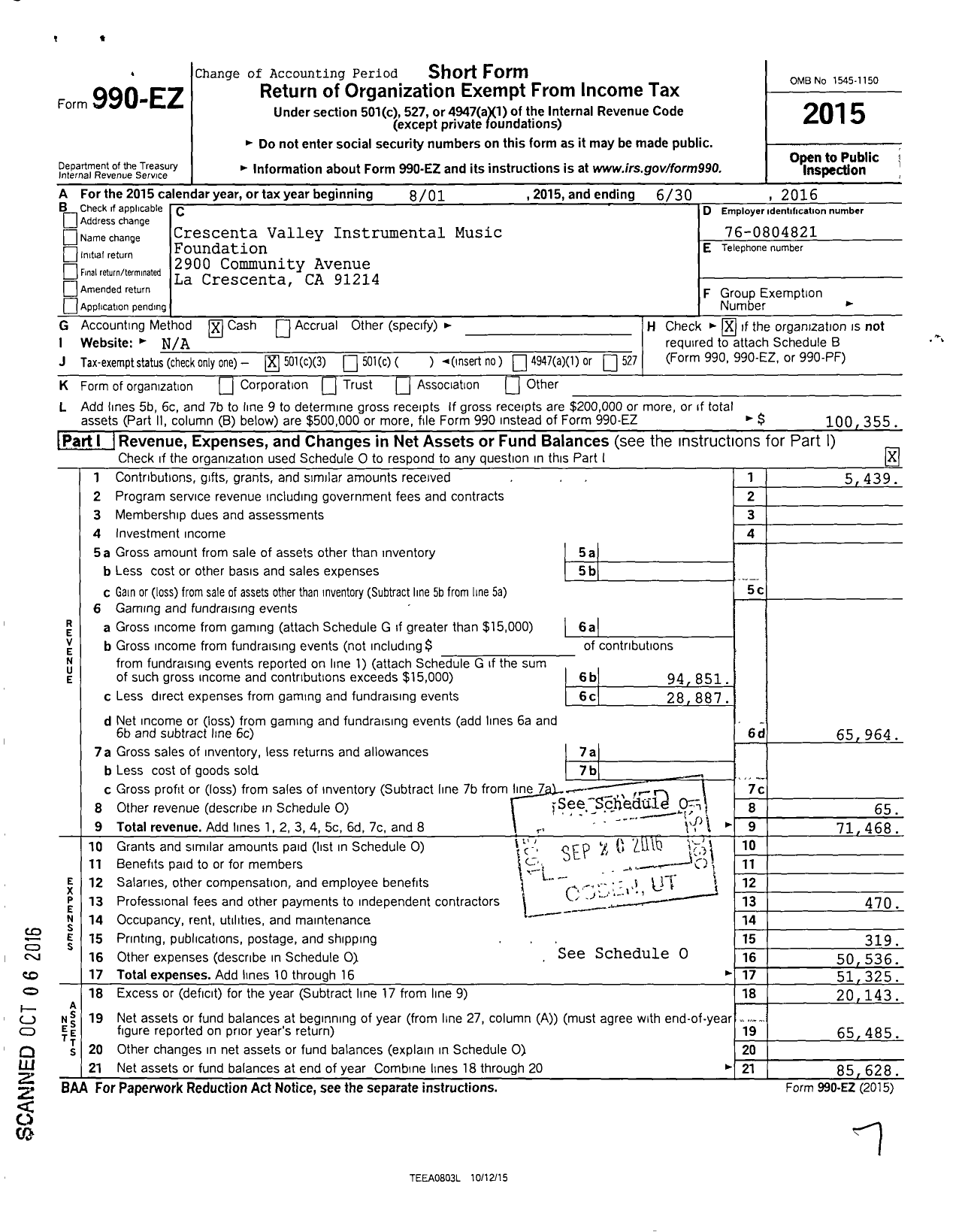 Image of first page of 2015 Form 990EZ for Crescenta Valley Instrumental Music Foundation