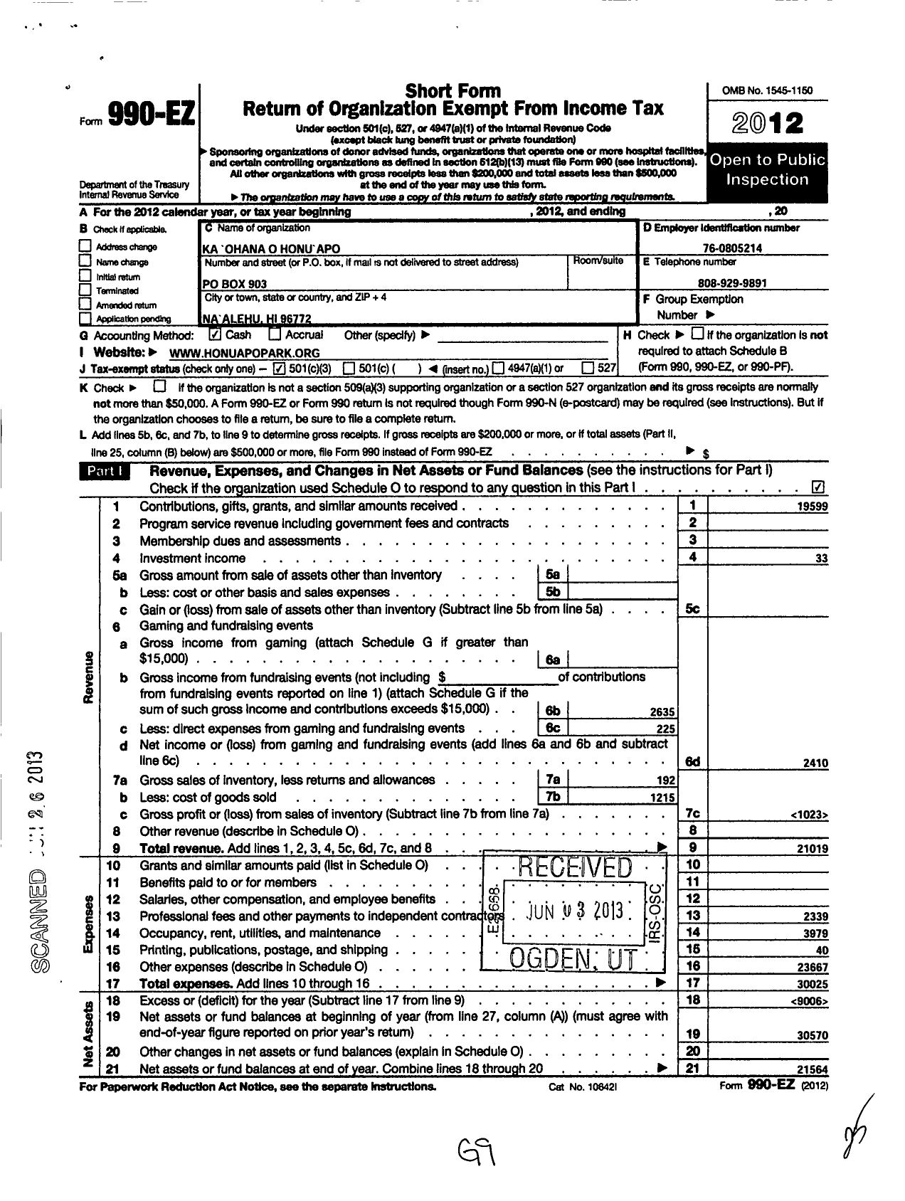 Image of first page of 2012 Form 990EZ for Ka Ohana O Honuapo
