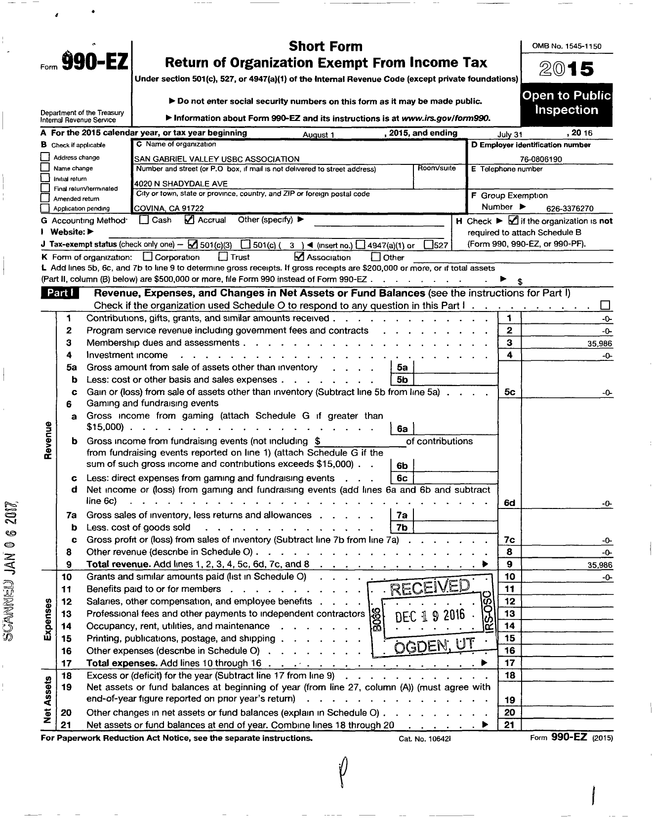 Image of first page of 2015 Form 990EZ for United States Bowling Congress - 82205 San Gabriel Valley Usbc