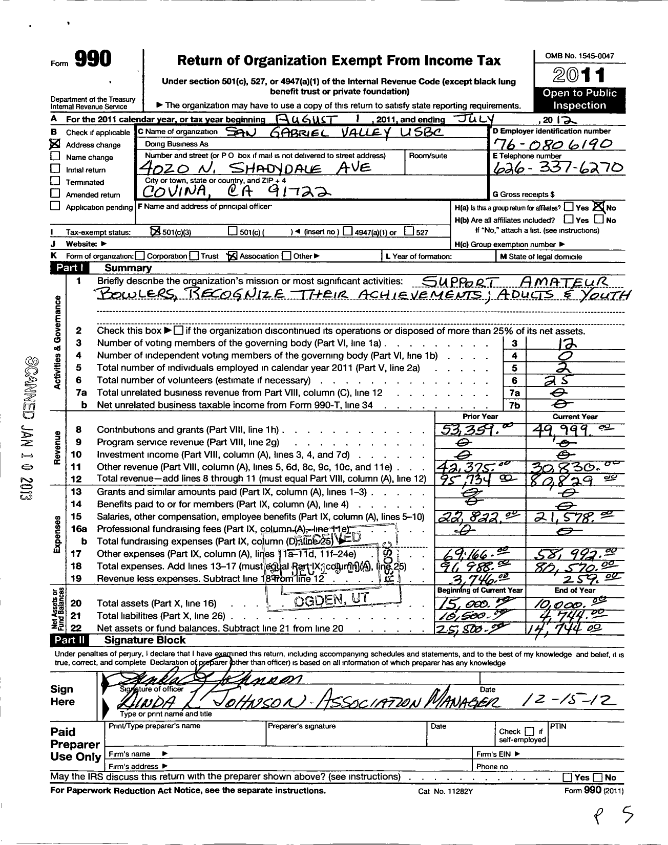 Image of first page of 2011 Form 990 for United States Bowling Congress - 82205 San Gabriel Valley Usbc