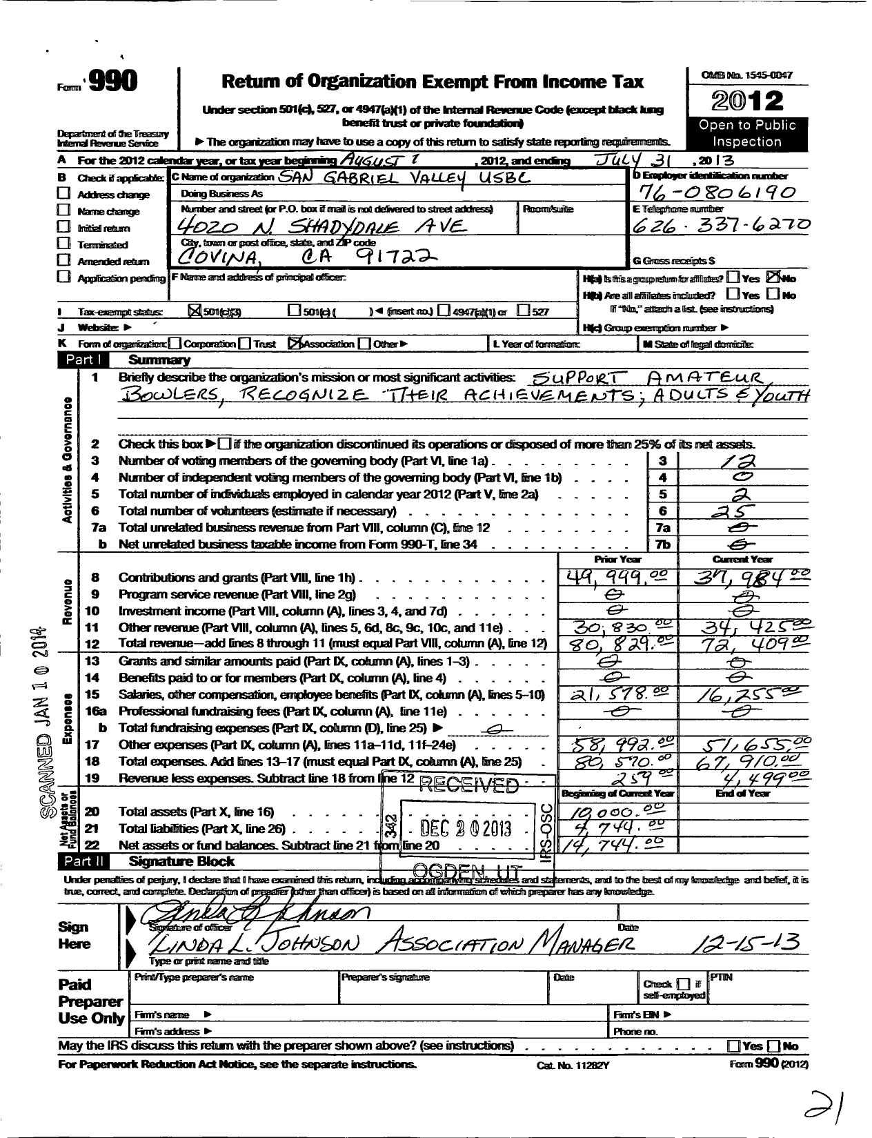 Image of first page of 2012 Form 990 for United States Bowling Congress - 82205 San Gabriel Valley Usbc