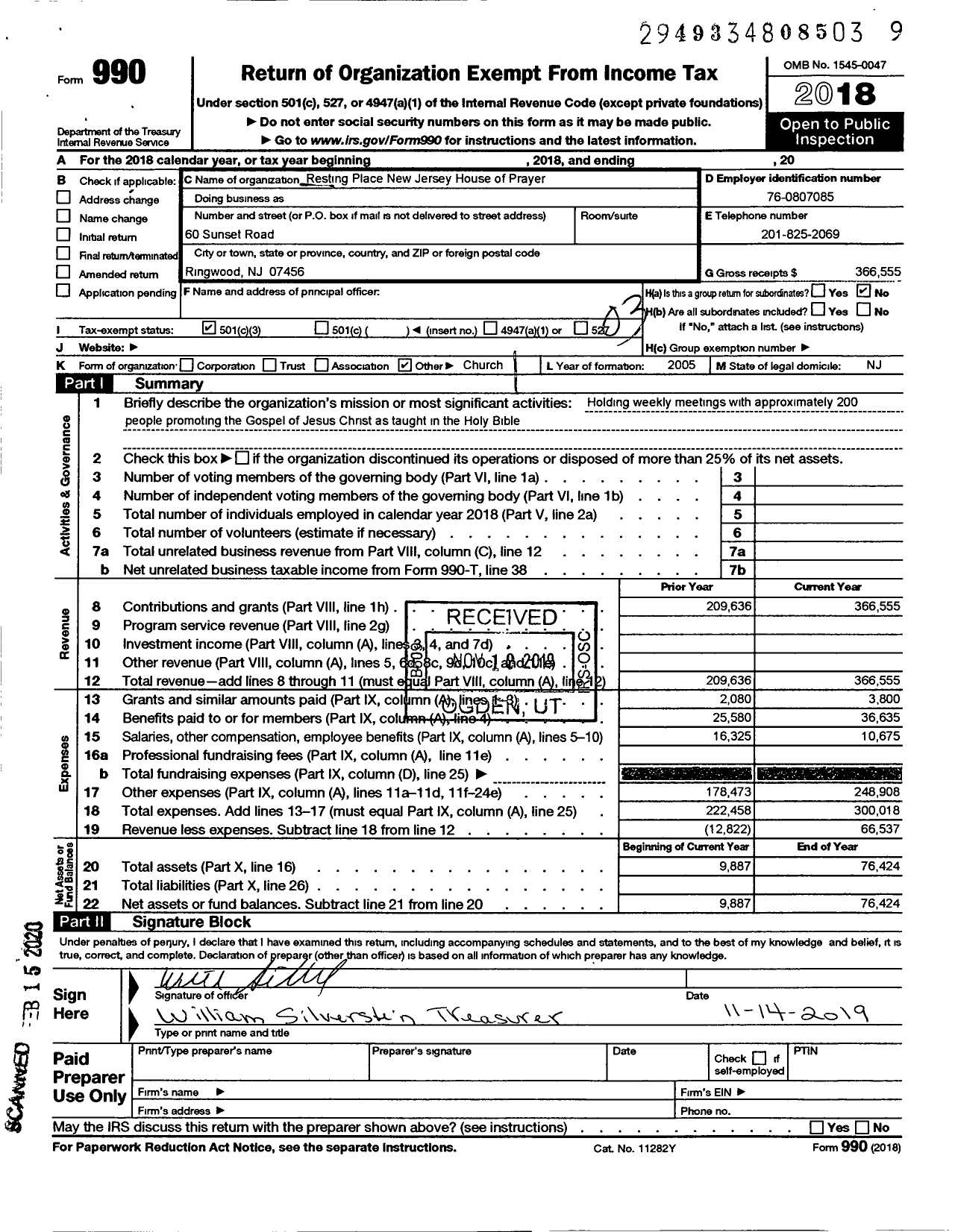 Image of first page of 2018 Form 990 for Resting Place New Jersey House of Prayer