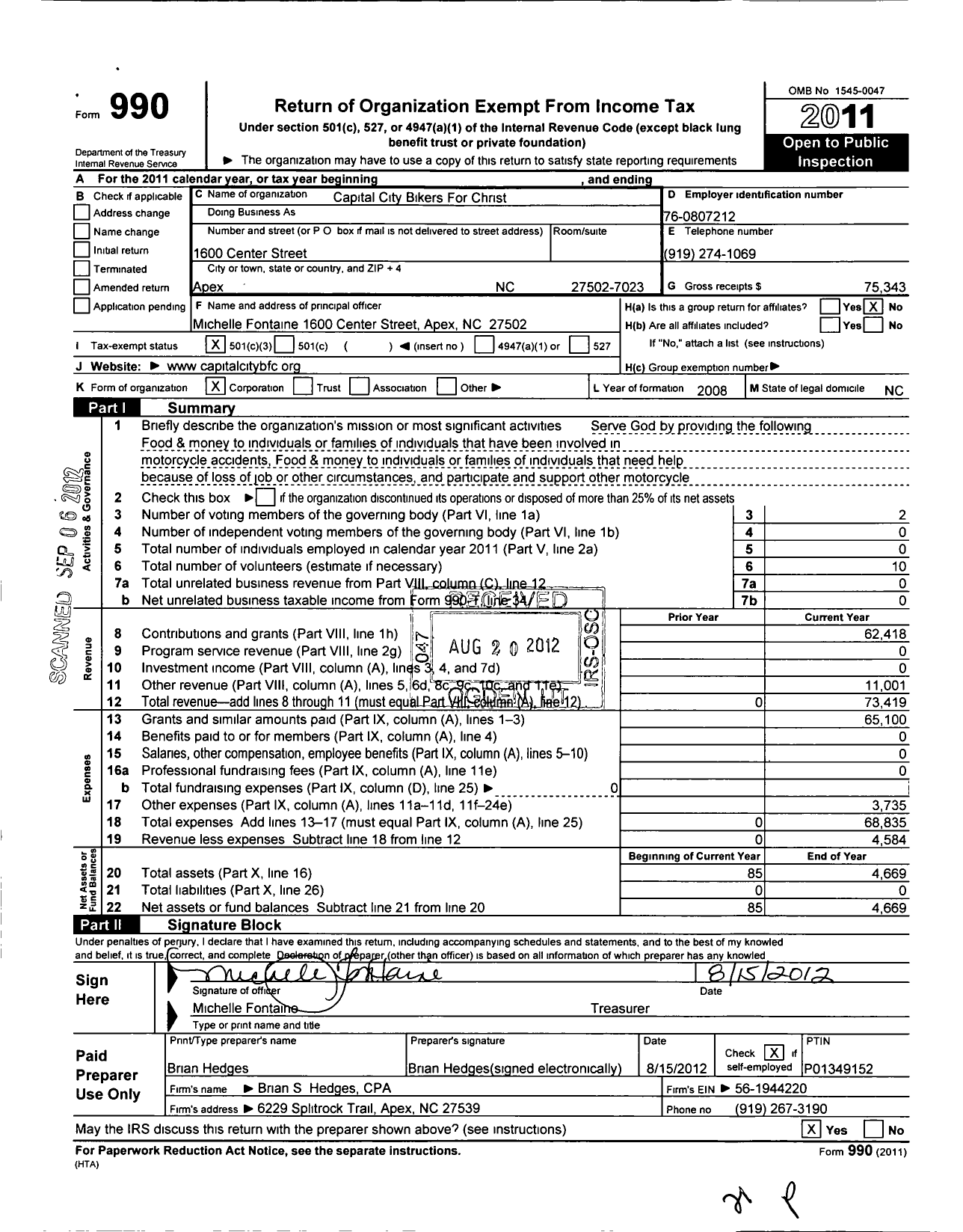 Image of first page of 2011 Form 990 for Capital City Bikers for Christ