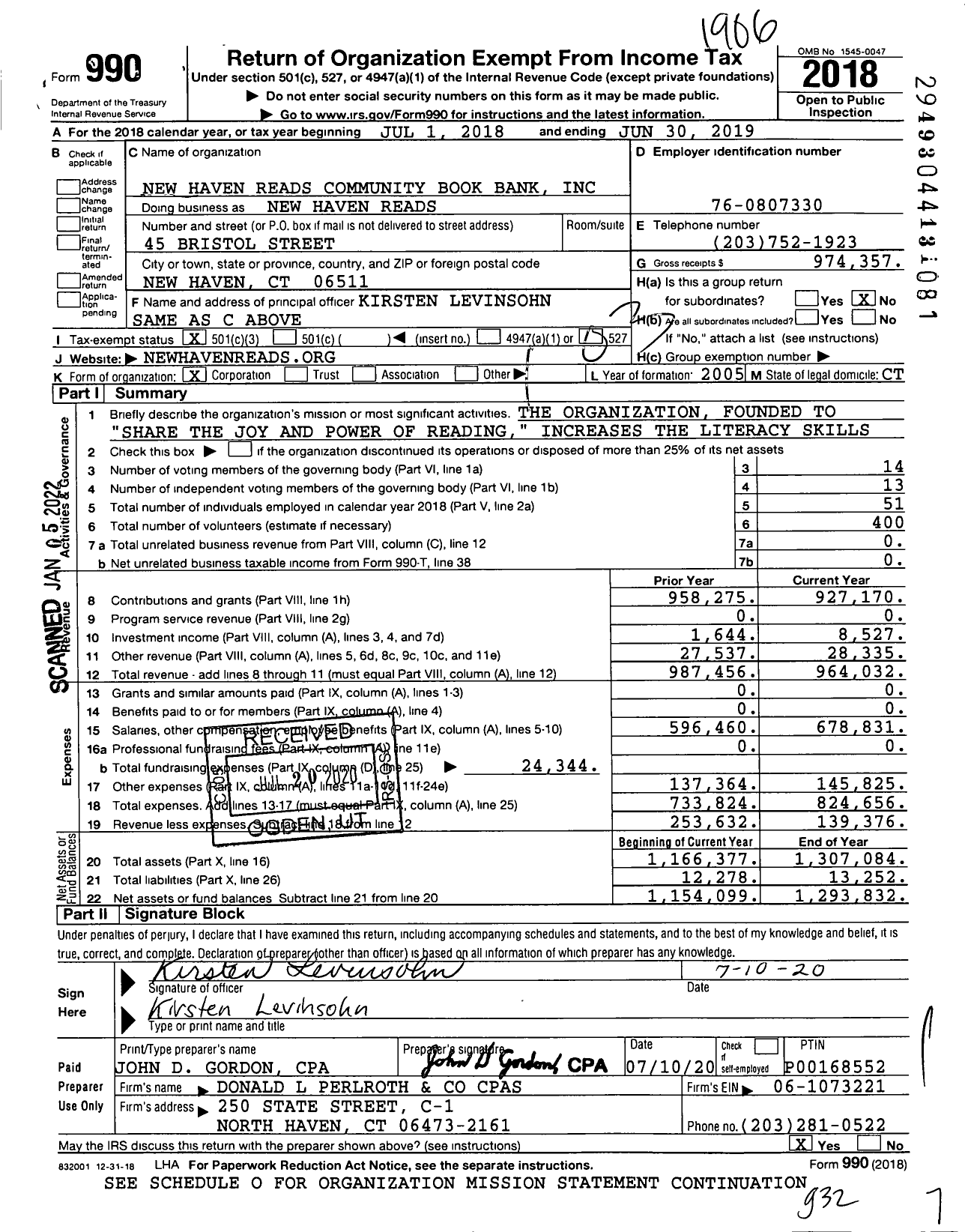 Image of first page of 2018 Form 990 for New Haven Reads