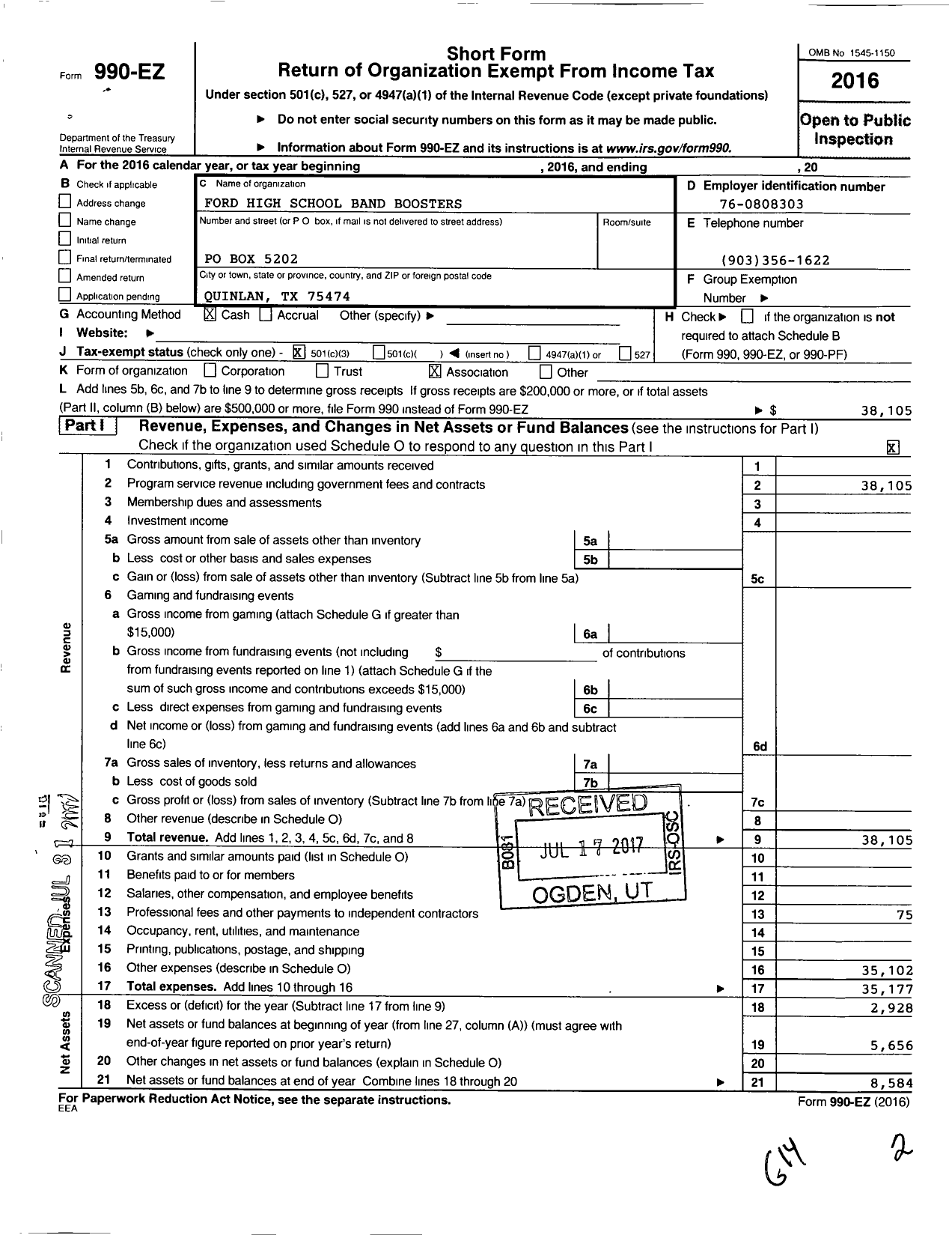 Image of first page of 2016 Form 990EZ for Ford High School Band Boosters