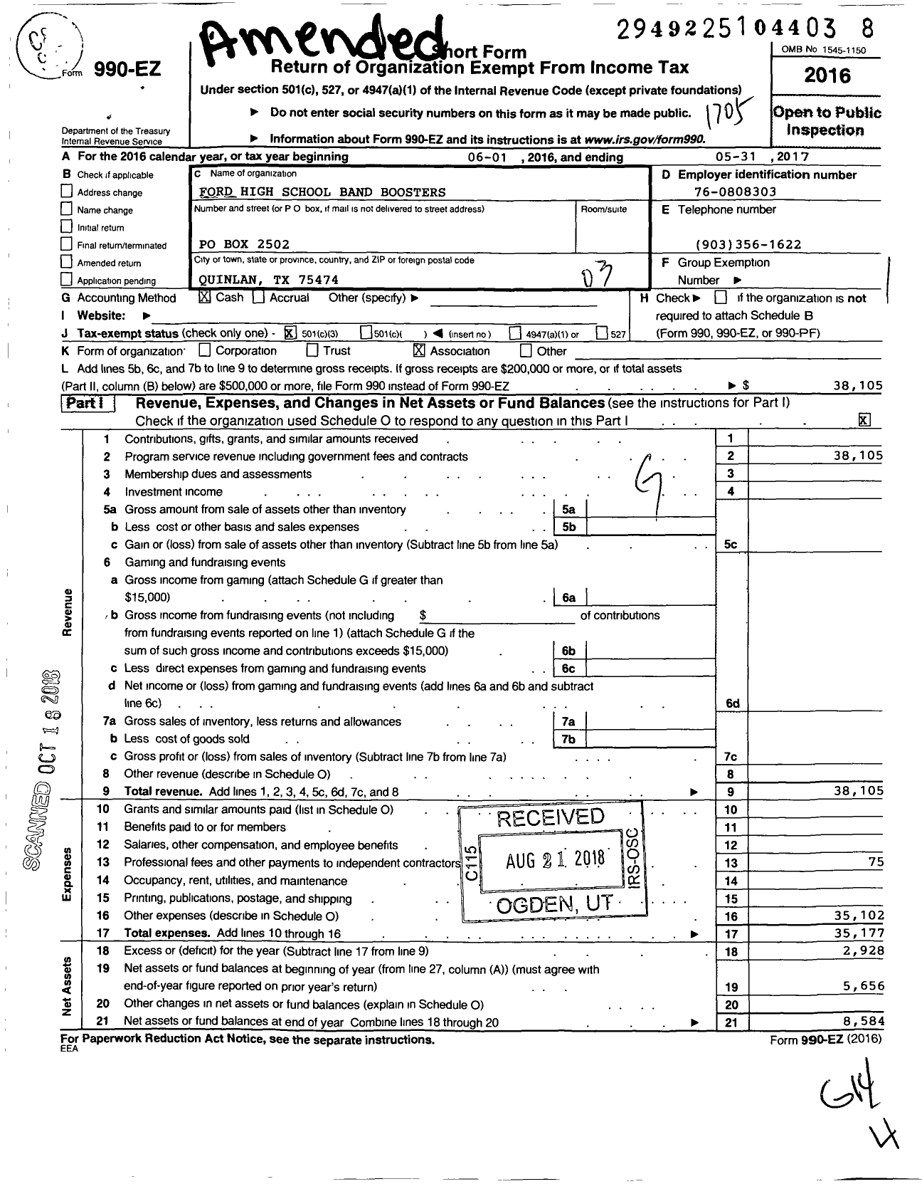 Image of first page of 2016 Form 990EZ for Ford High School Band Boosters