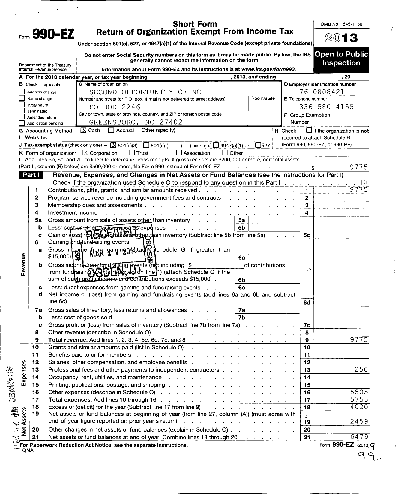 Image of first page of 2013 Form 990EZ for Second Opportunity of North Carolina