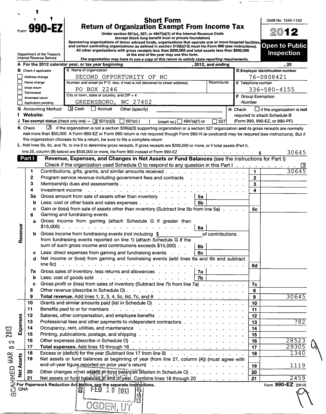 Image of first page of 2012 Form 990EZ for Second Opportunity of North Carolina