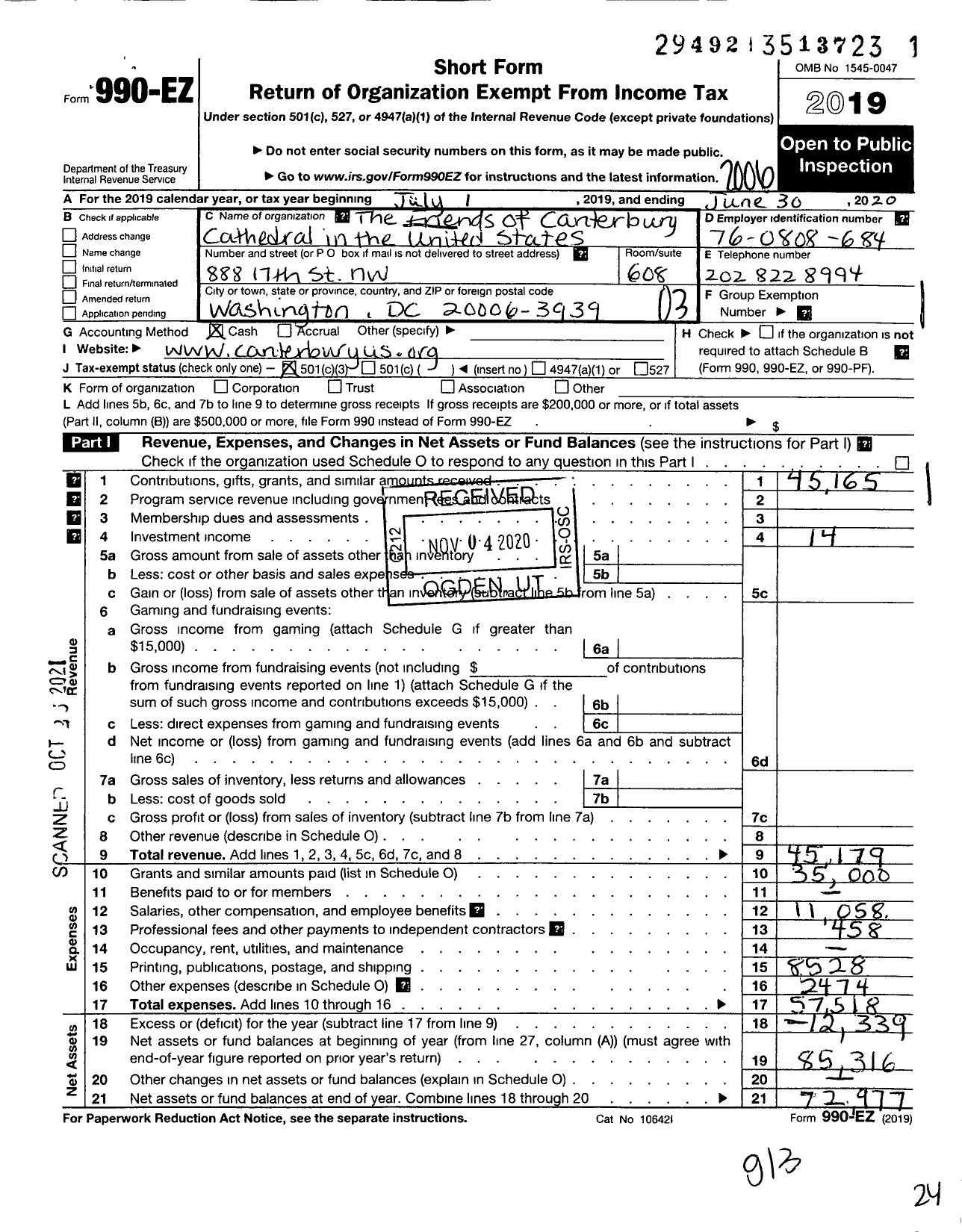 Image of first page of 2019 Form 990EZ for The Friends of Canterbury Cathedral in the United States