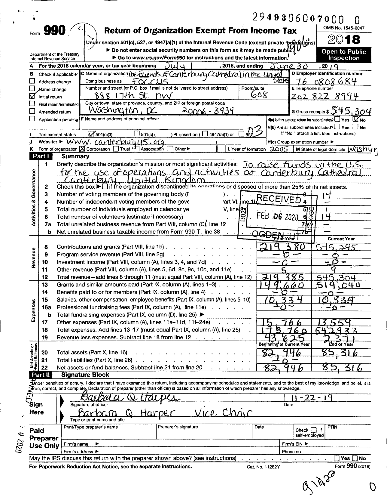 Image of first page of 2018 Form 990 for The Friends of Canterbury Cathedral in the United States