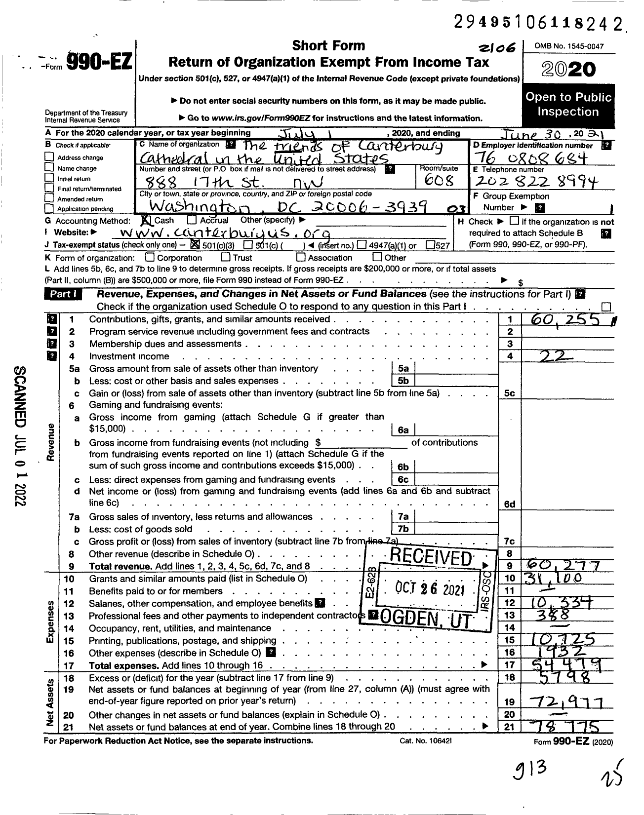 Image of first page of 2020 Form 990EZ for The Friends of Canterbury Cathedral in the United States