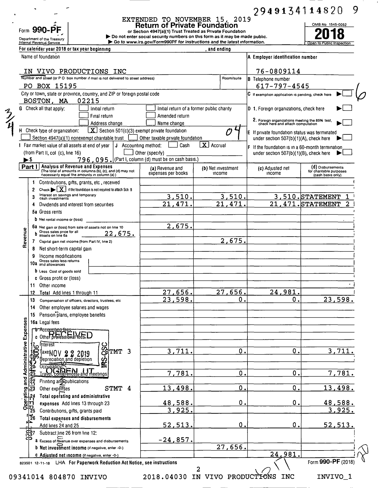 Image of first page of 2018 Form 990PF for In Vivo Productions