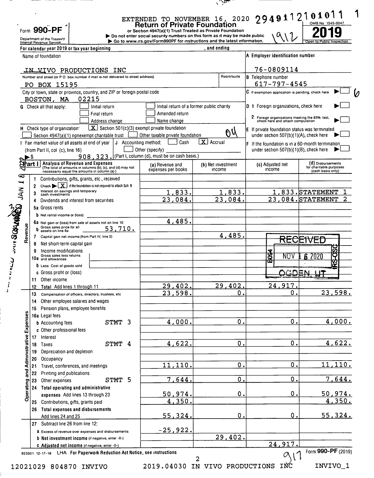 Image of first page of 2019 Form 990PF for In Vivo Productions