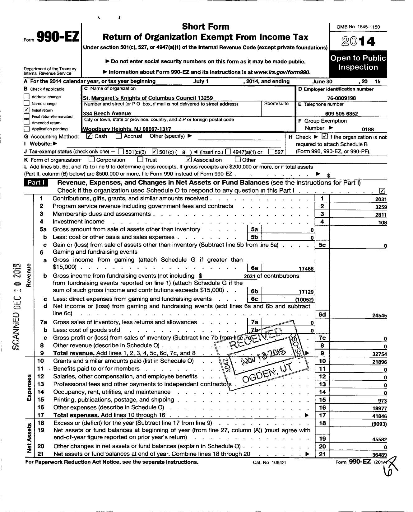 Image of first page of 2014 Form 990EO for Knights of Columbus - 13259 St Margarets Council