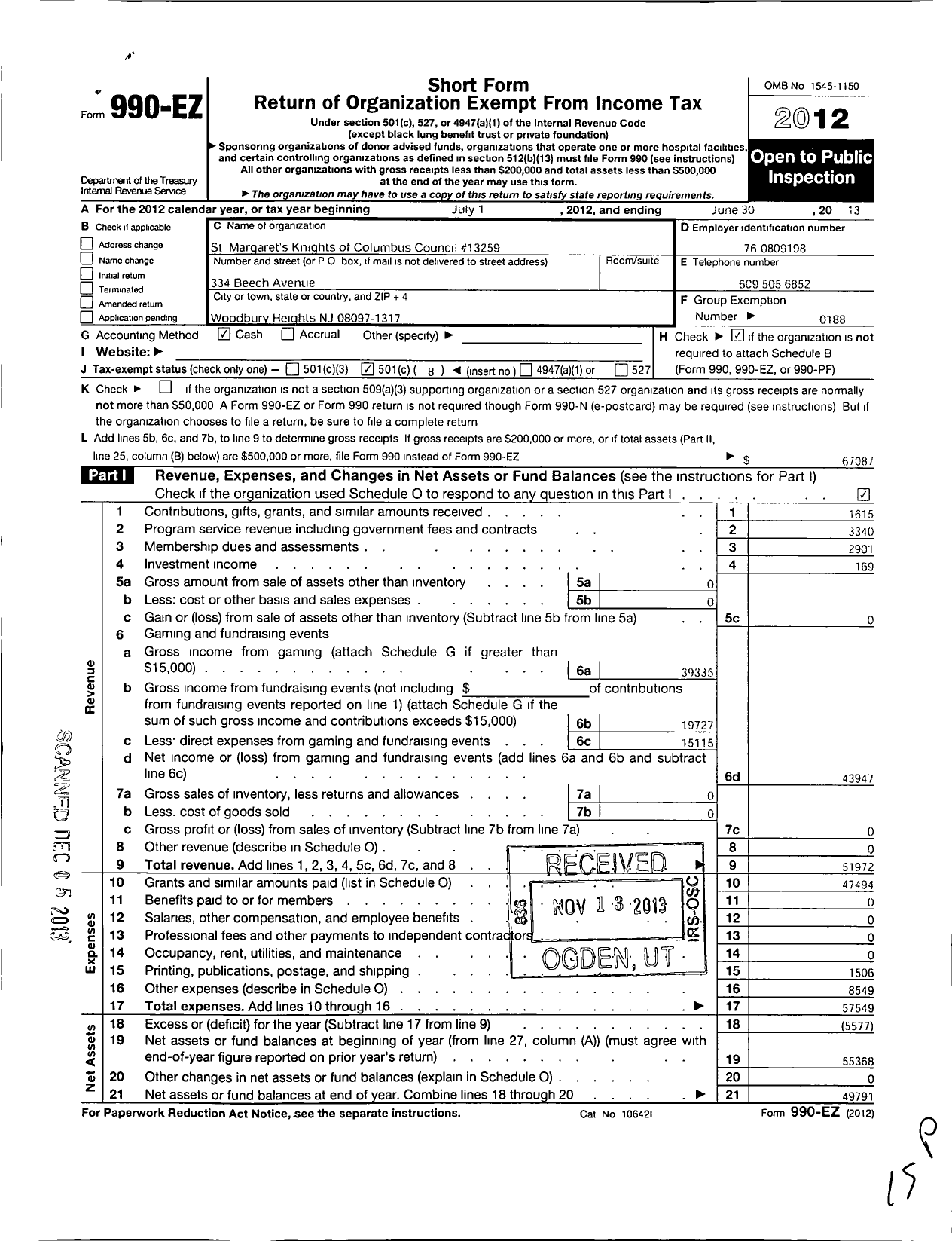 Image of first page of 2012 Form 990EO for Knights of Columbus - 13259 St Margarets Council
