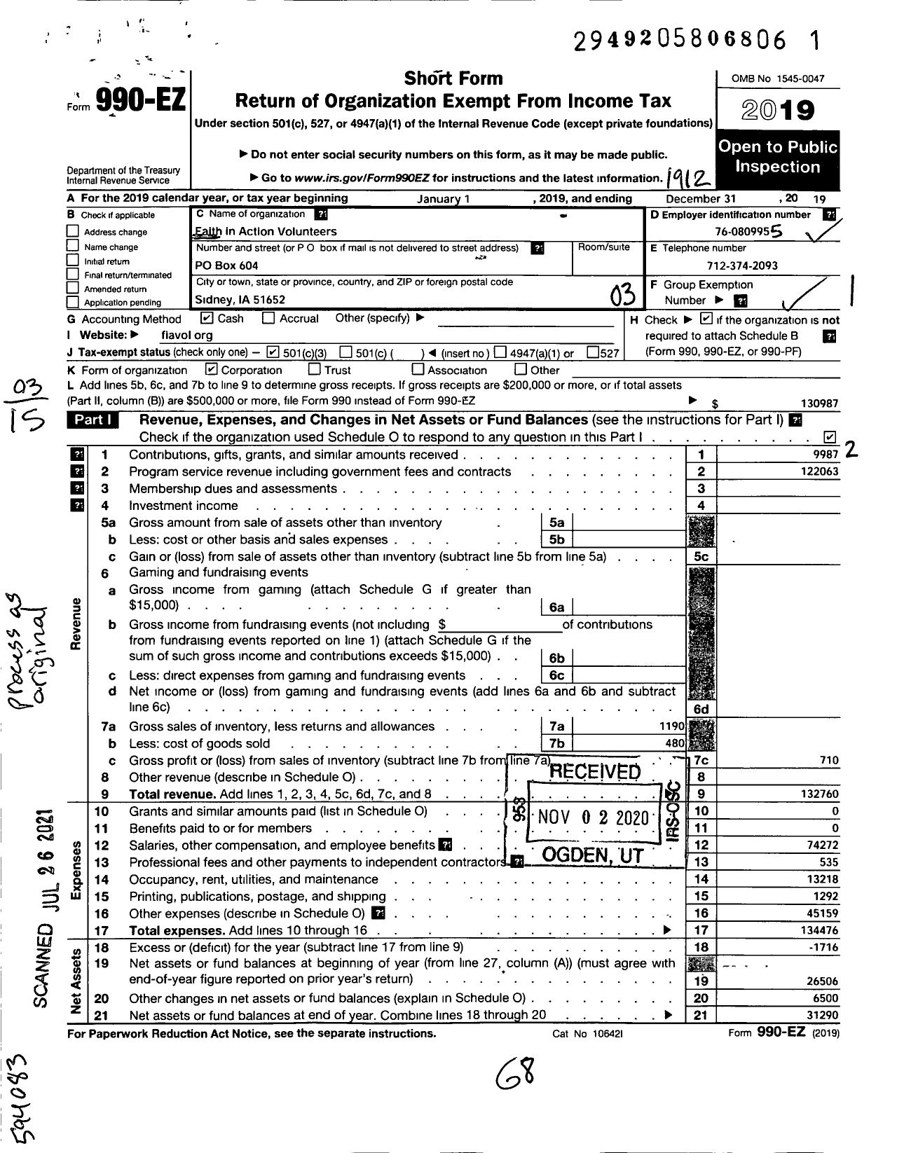 Image of first page of 2019 Form 990EZ for Faith in Action Volunteers