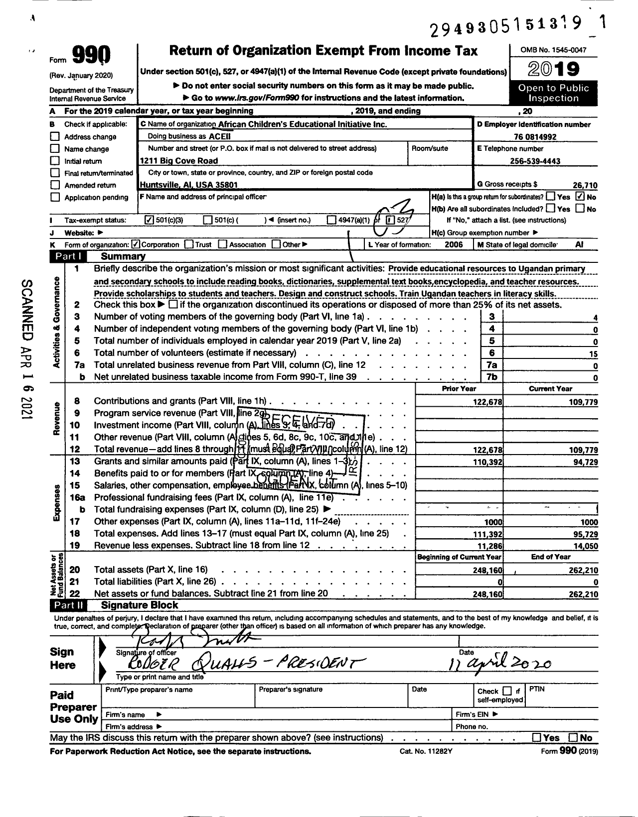 Image of first page of 2019 Form 990 for African Childrens Educational Initiative (ACEII)