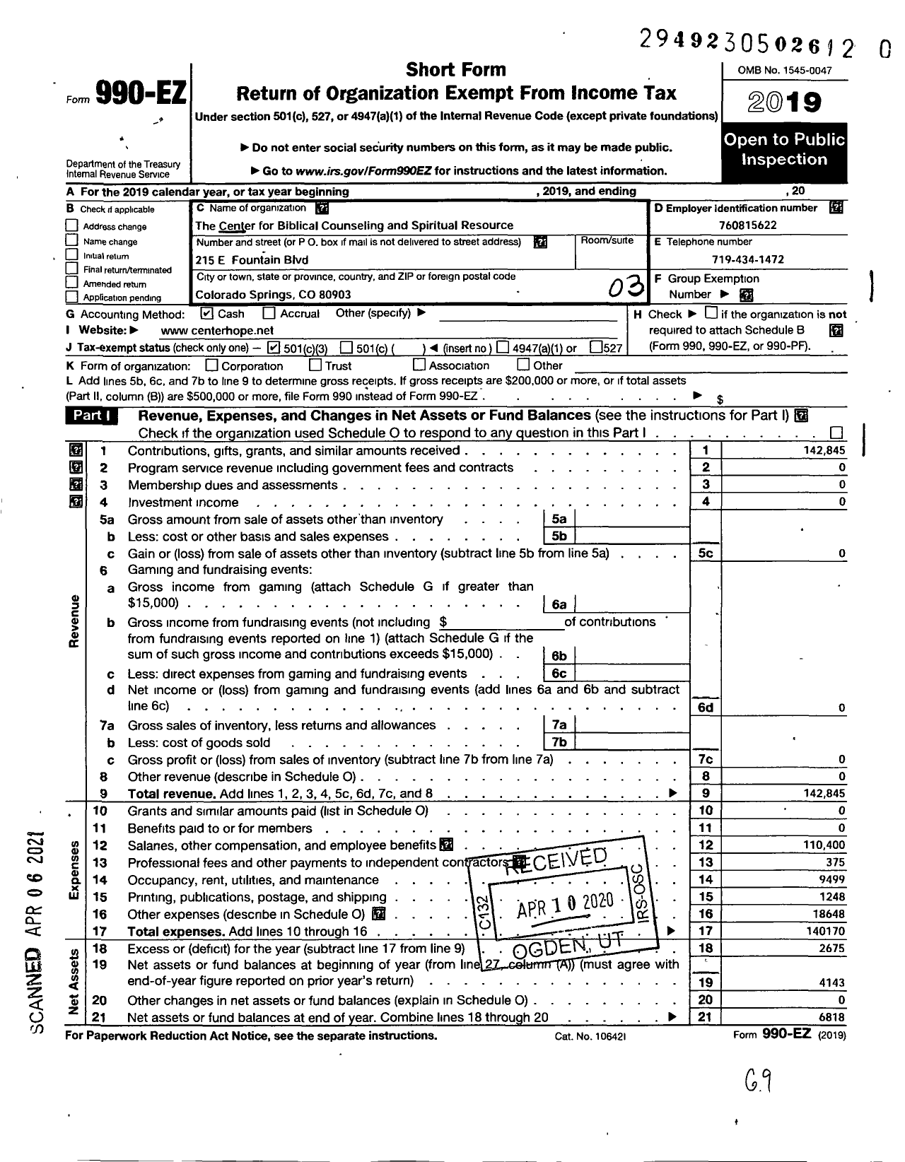 Image of first page of 2019 Form 990EZ for The Center for Biblical Counseling and Spiritual Resource