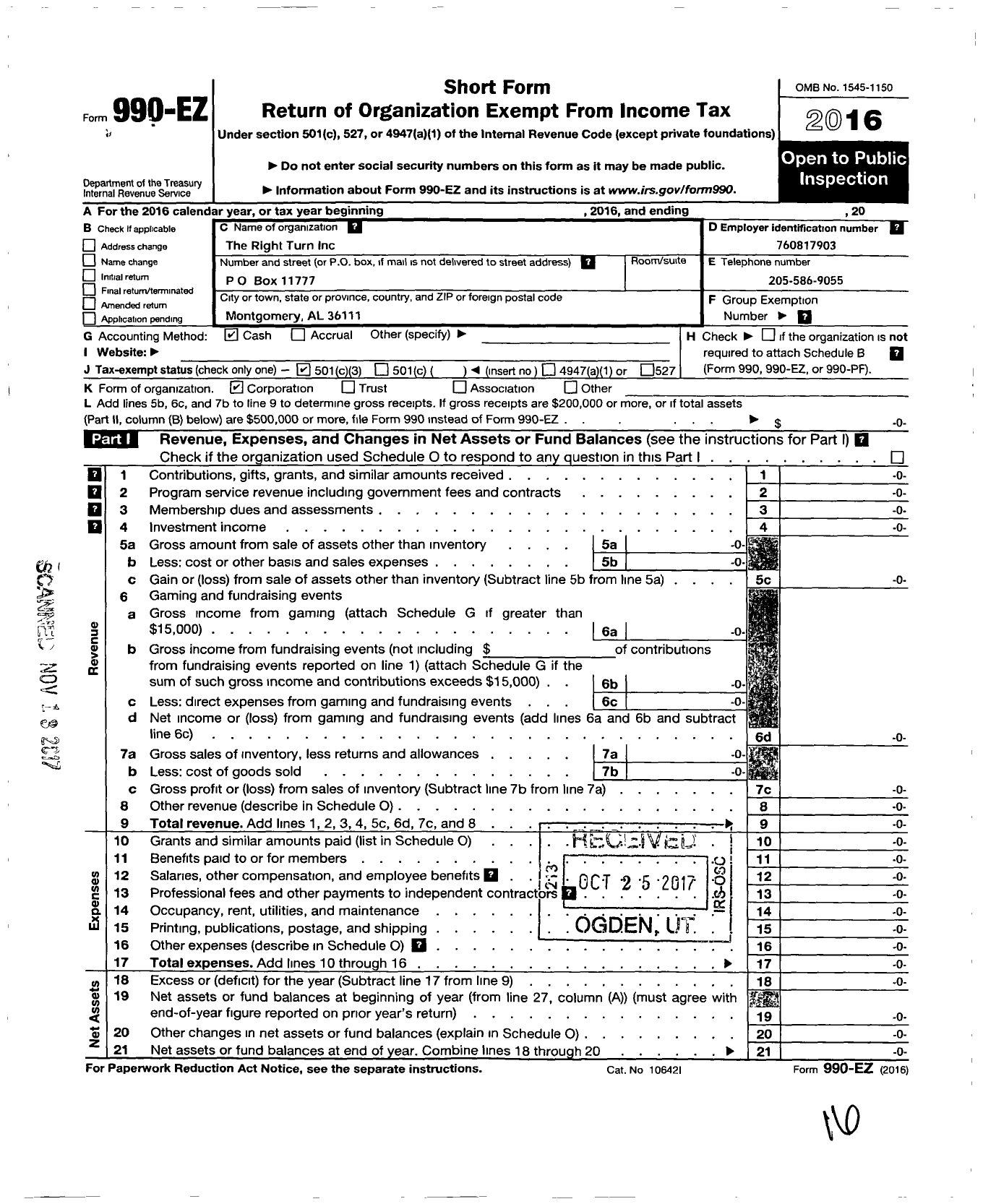 Image of first page of 2016 Form 990EZ for The Right Turn / Montgomery Area Substance Abuse