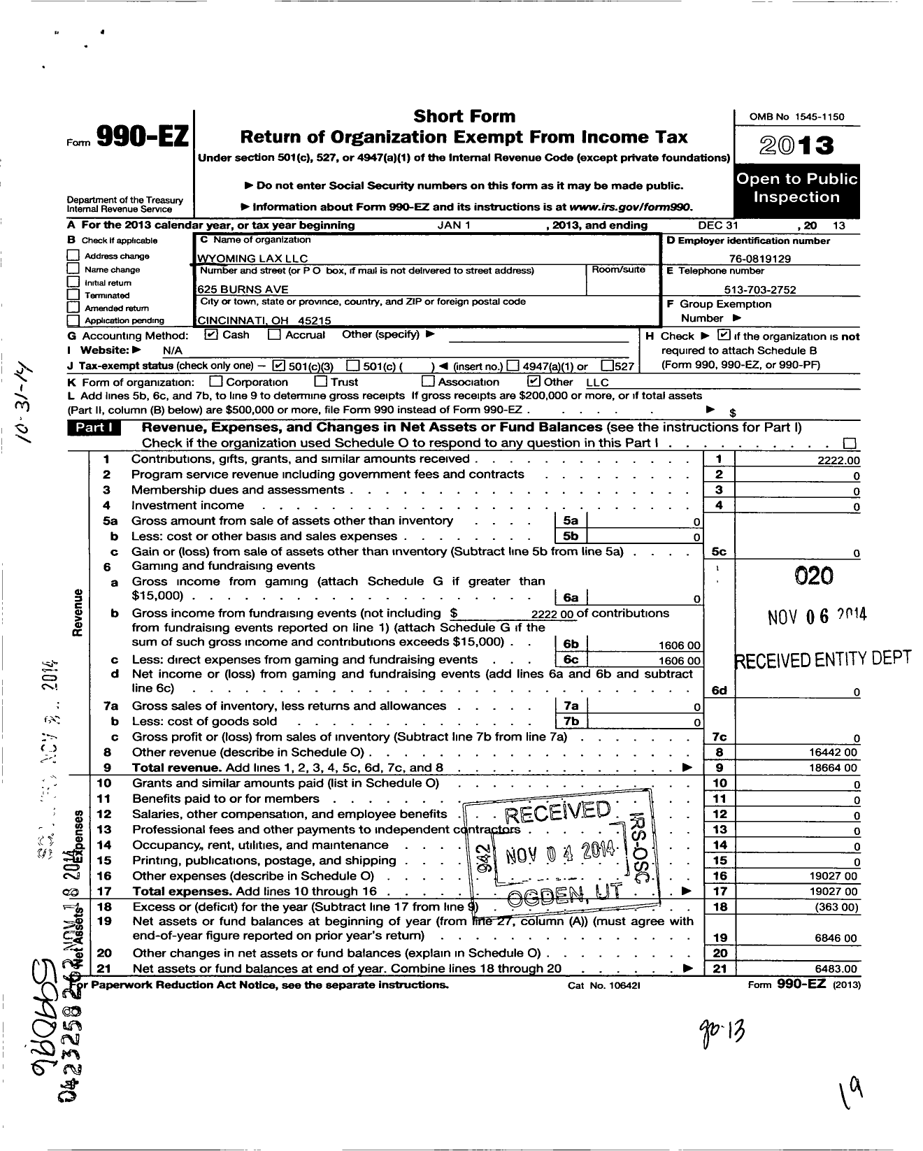 Image of first page of 2013 Form 990EZ for Wyoming Lax LLC