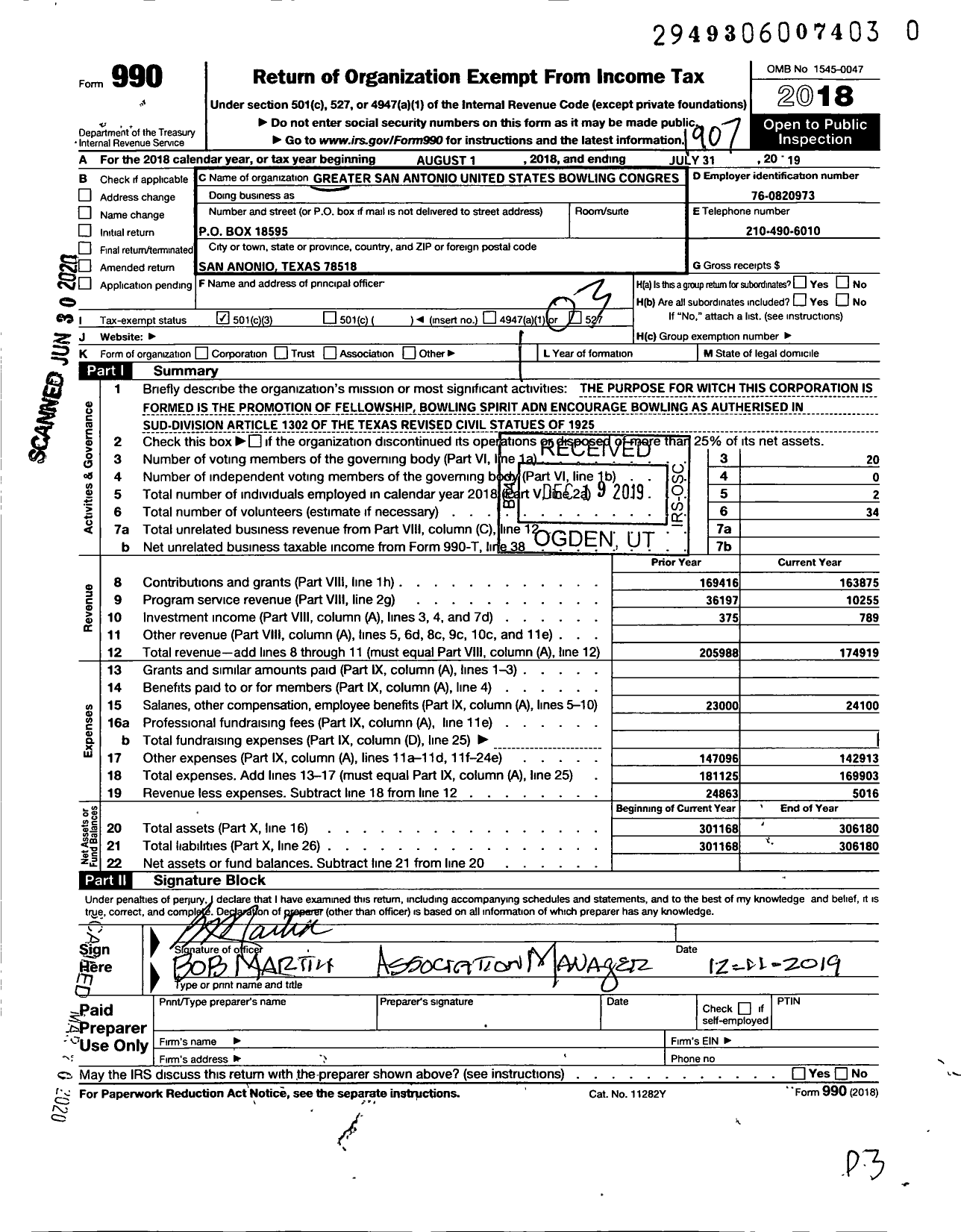 Image of first page of 2018 Form 990 for United States Bowling Congress - 80374 GR San Antonio Usbc