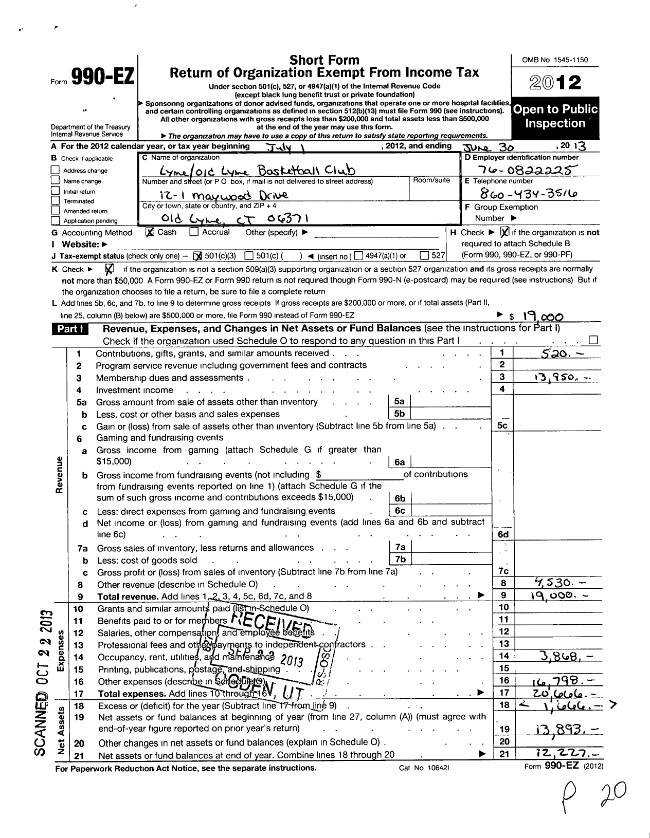 Image of first page of 2012 Form 990EZ for Lyme Old Lyme Basketball Club