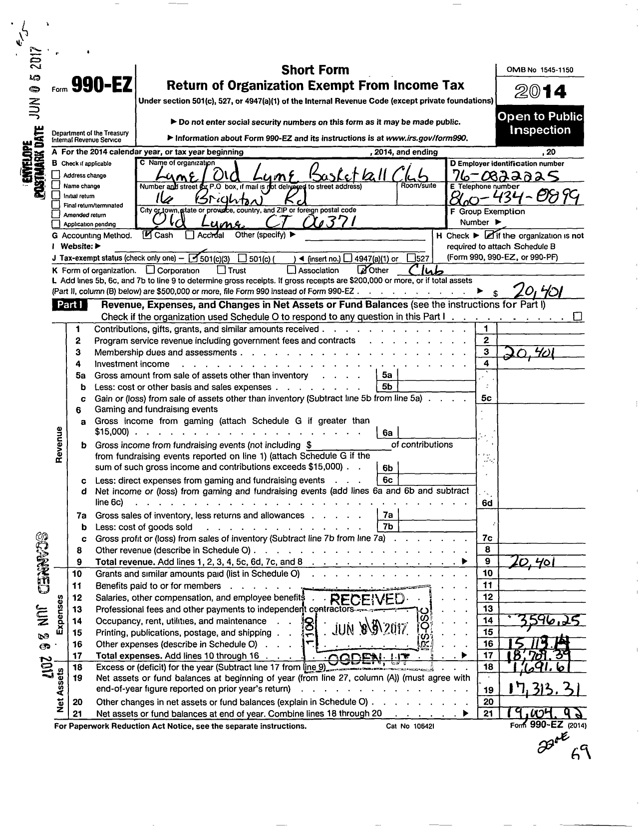 Image of first page of 2014 Form 990EZ for Lyme Old Lyme Basketball Club