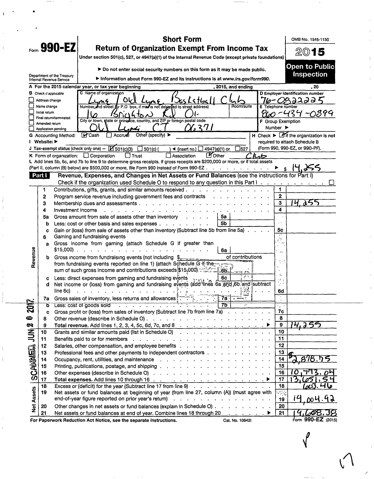 Image of first page of 2015 Form 990EZ for Lyme Old Lyme Basketball Club