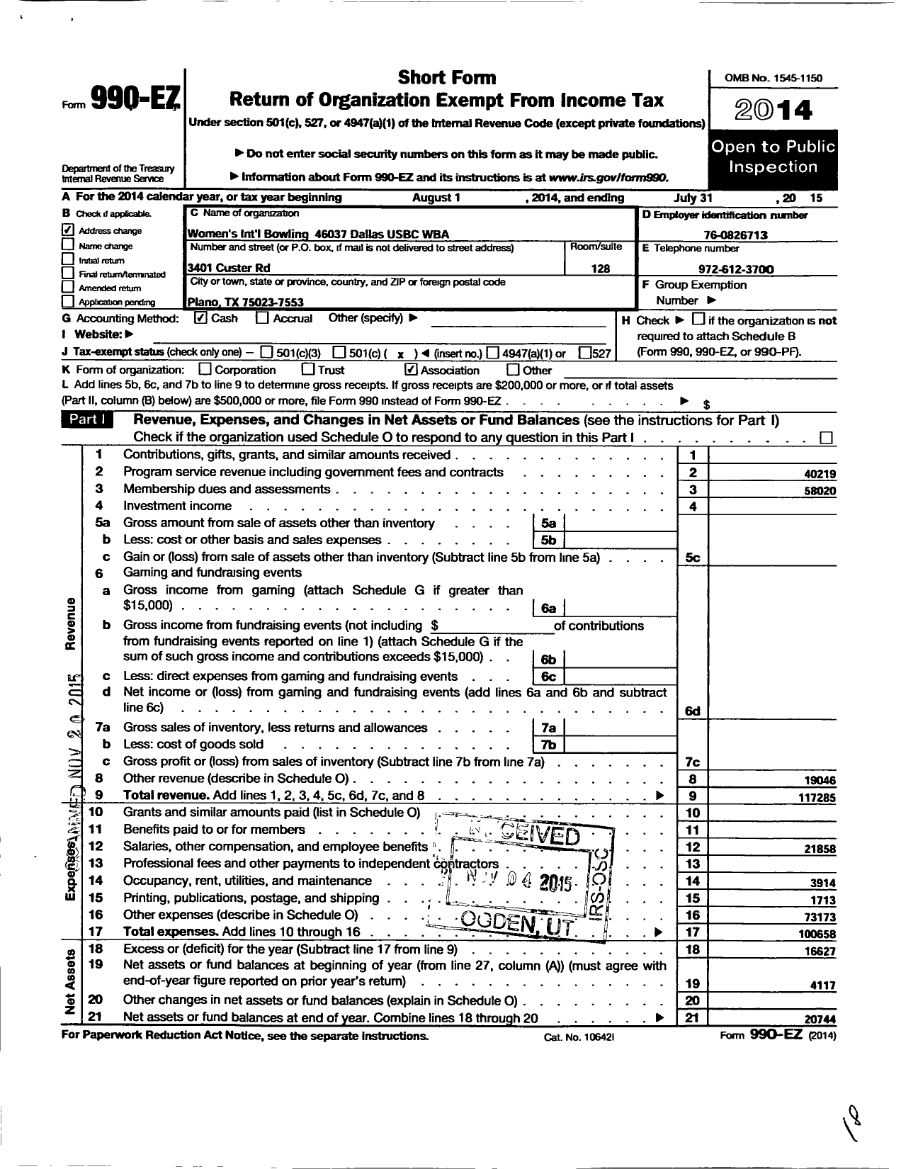 Image of first page of 2014 Form 990EO for United States Bowling Congress - 86500 GR Dallas Usbc