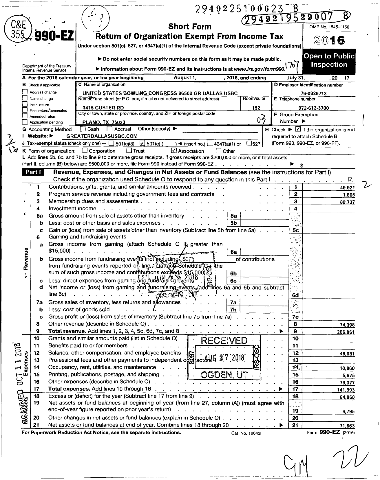 Image of first page of 2016 Form 990EZ for United States Bowling Congress - 86500 GR Dallas Usbc