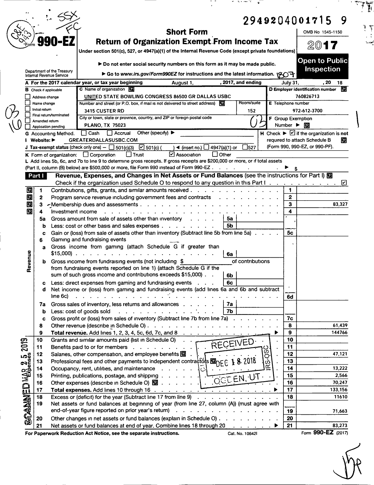 Image of first page of 2017 Form 990EZ for United States Bowling Congress - 86500 GR Dallas Usbc