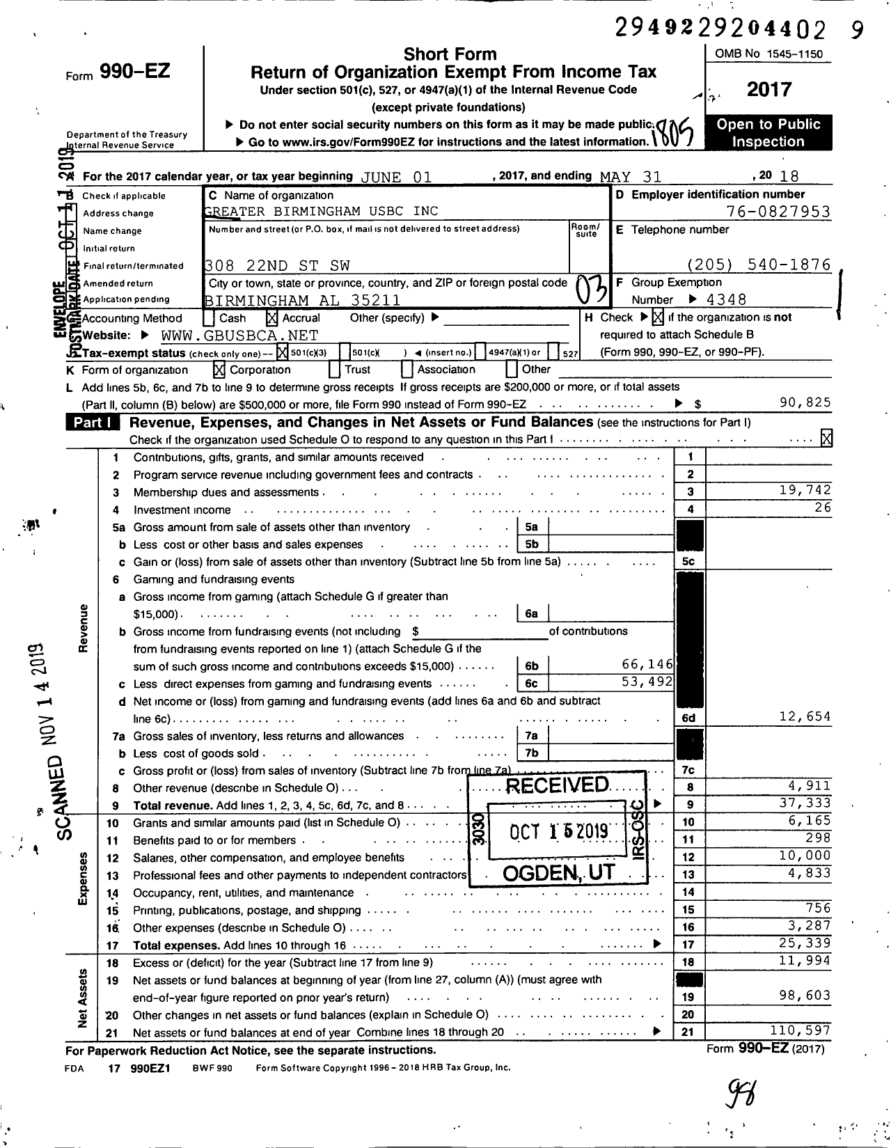 Image of first page of 2017 Form 990EZ for United States Bowling Congress - 82351 GR Birmingham USBC