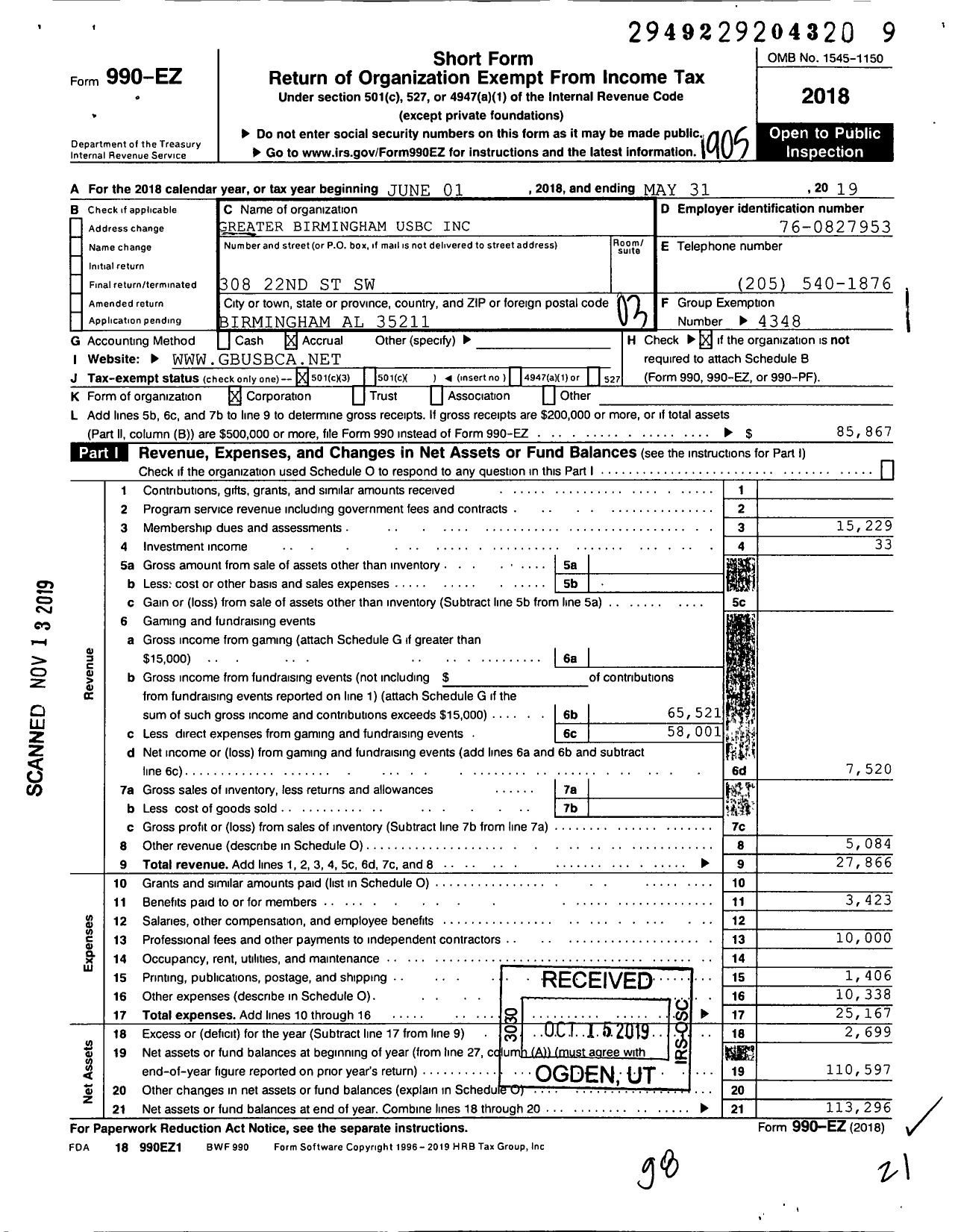 Image of first page of 2018 Form 990EZ for United States Bowling Congress - 82351 GR Birmingham USBC