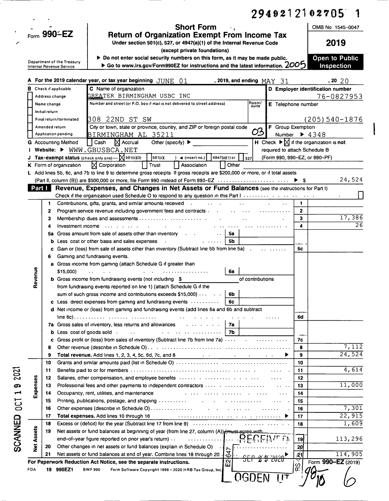 Image of first page of 2019 Form 990EZ for United States Bowling Congress - 82351 GR Birmingham USBC