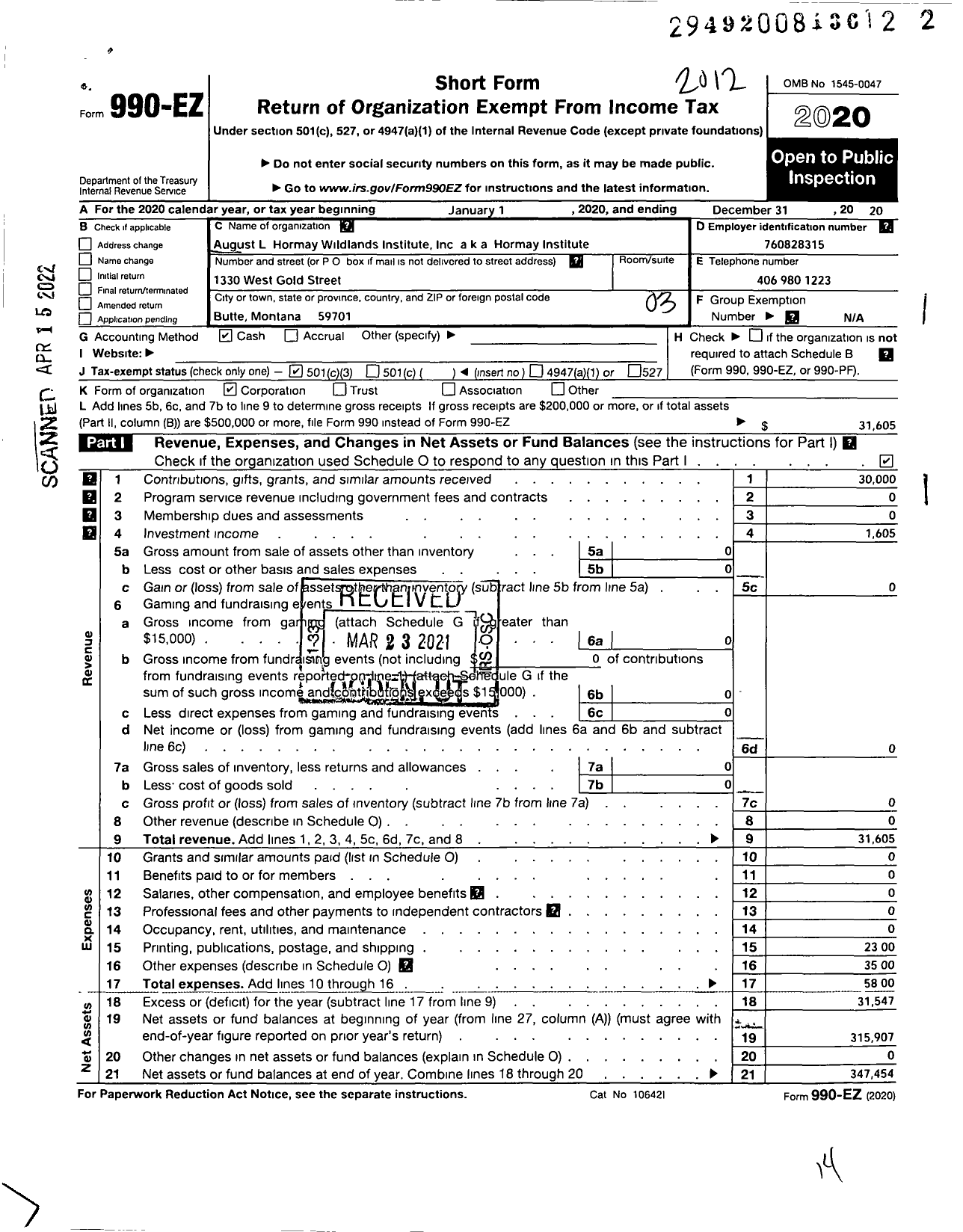 Image of first page of 2020 Form 990EZ for August L Hormay Wildlands Institute