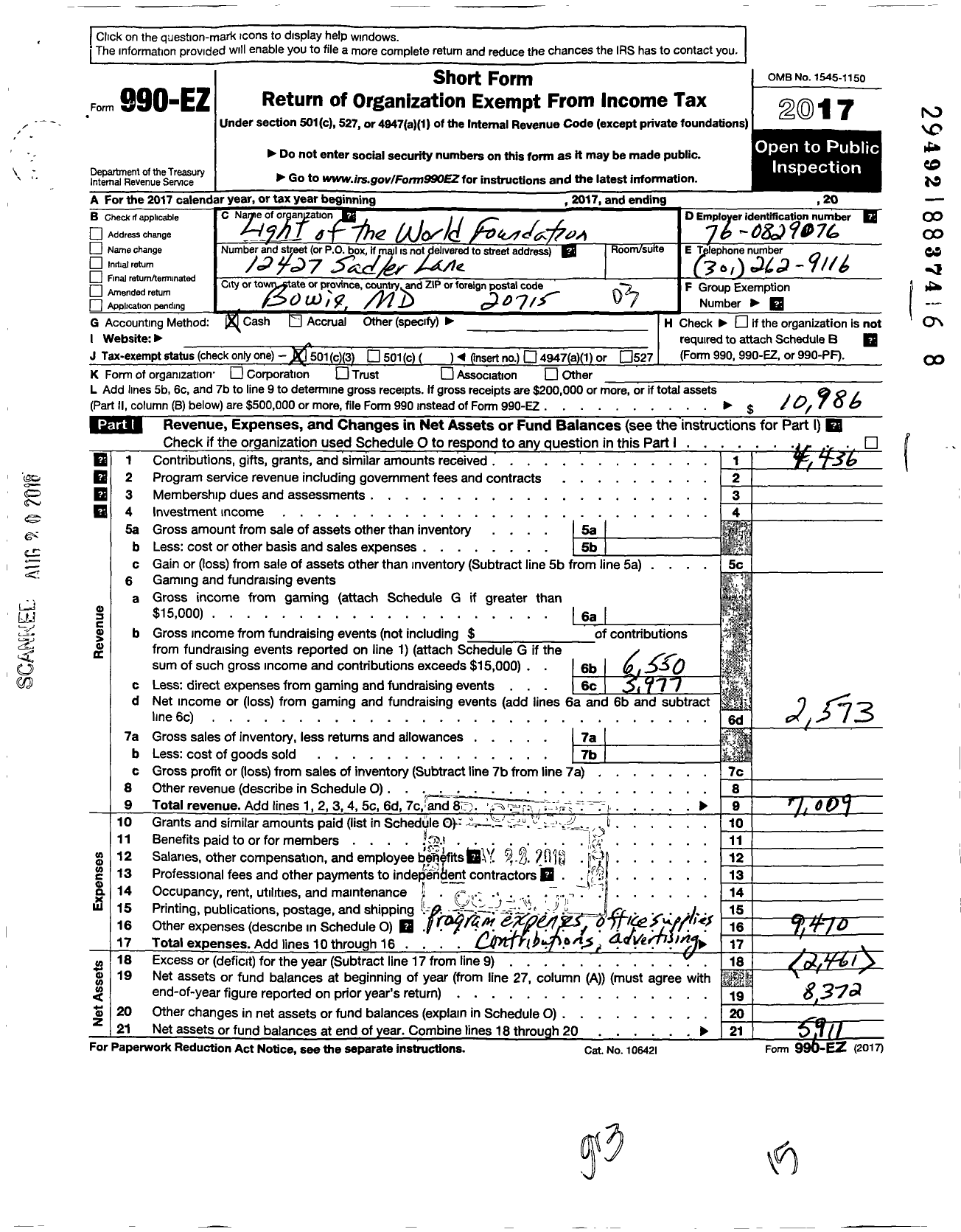 Image of first page of 2017 Form 990EZ for Light of the World Foundation