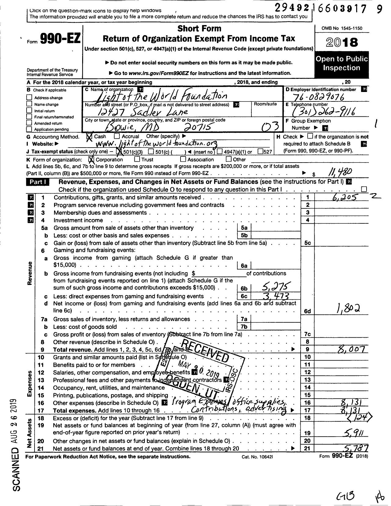 Image of first page of 2018 Form 990EZ for Light of the World Foundation