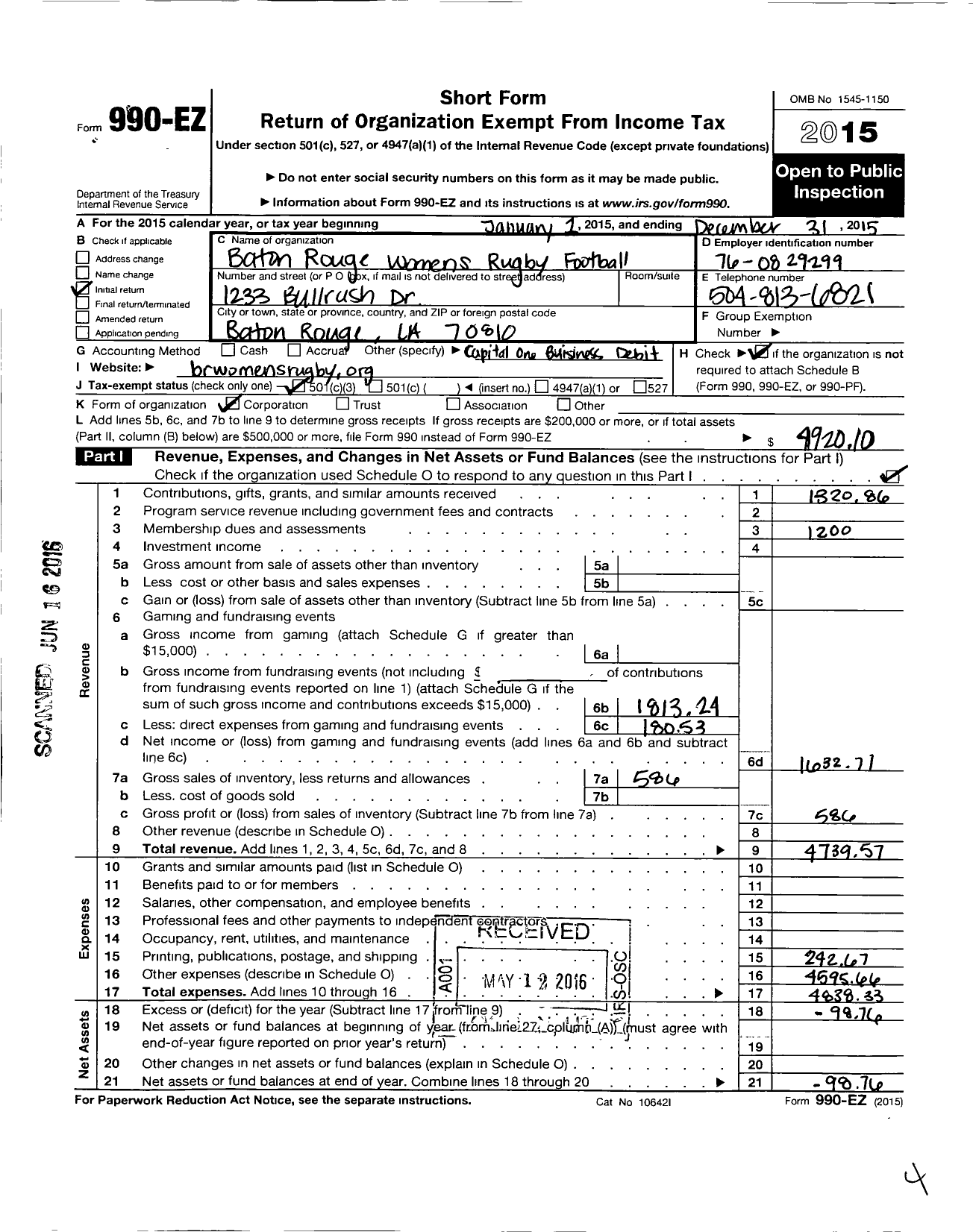 Image of first page of 2015 Form 990EZ for Baton Rouge Womens Rugby Football Club