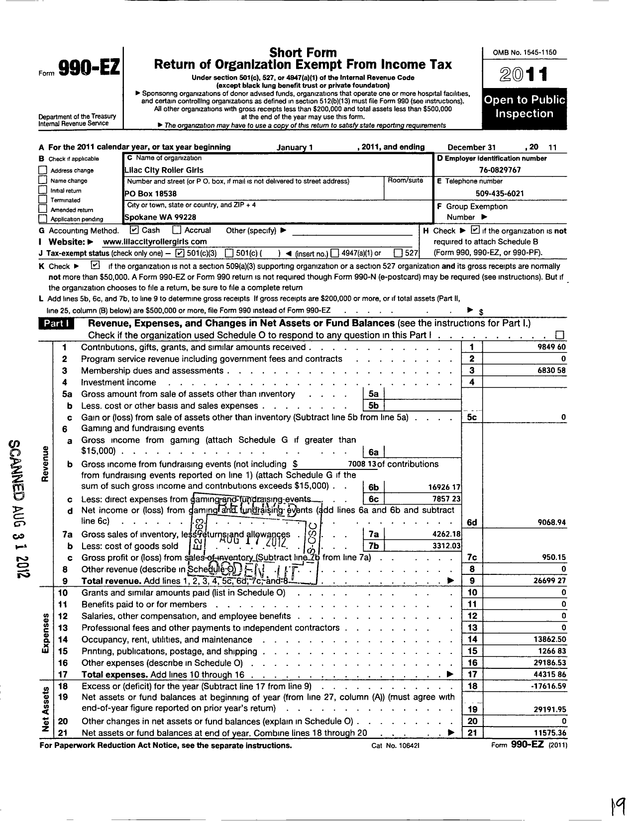 Image of first page of 2011 Form 990EZ for Lilac City Rollergirls