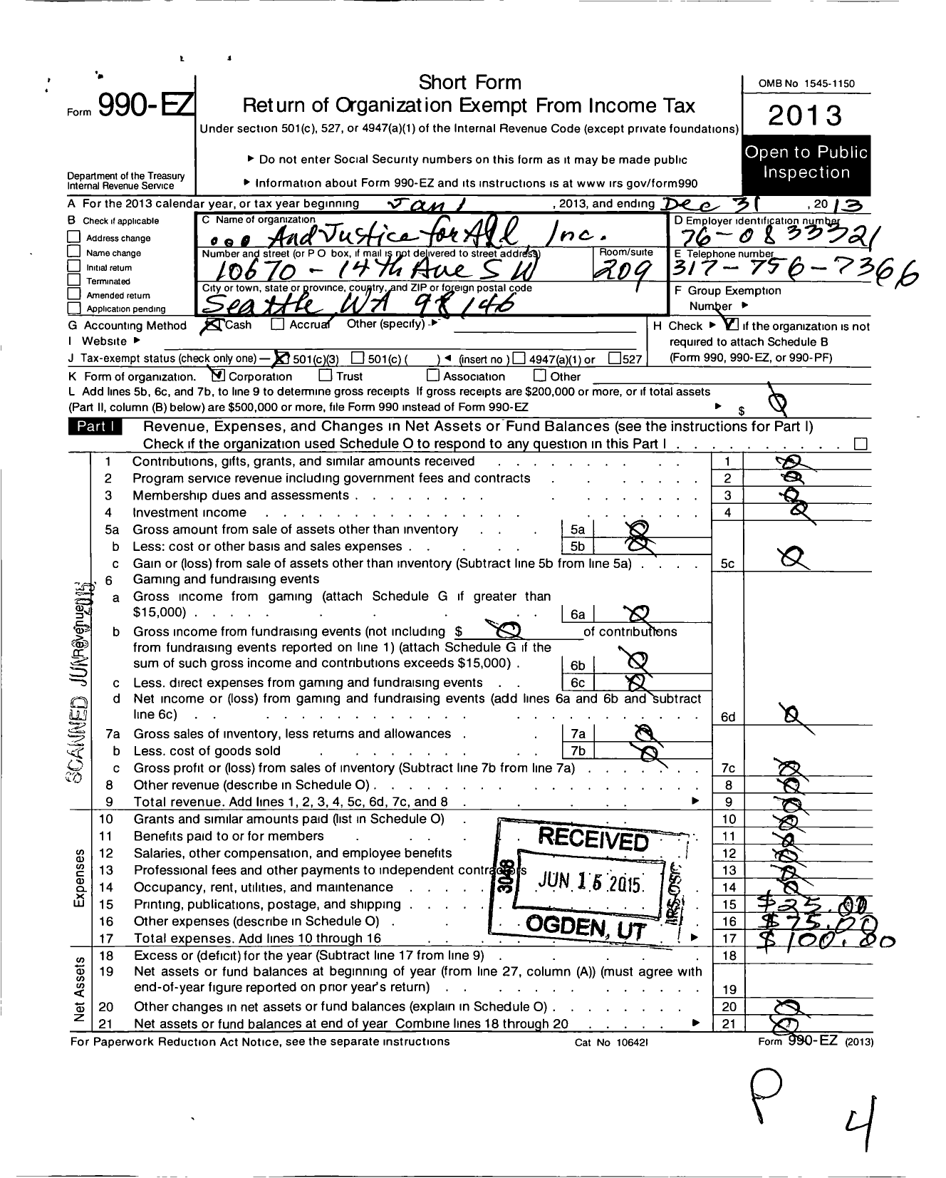 Image of first page of 2013 Form 990EZ for And Justice for All